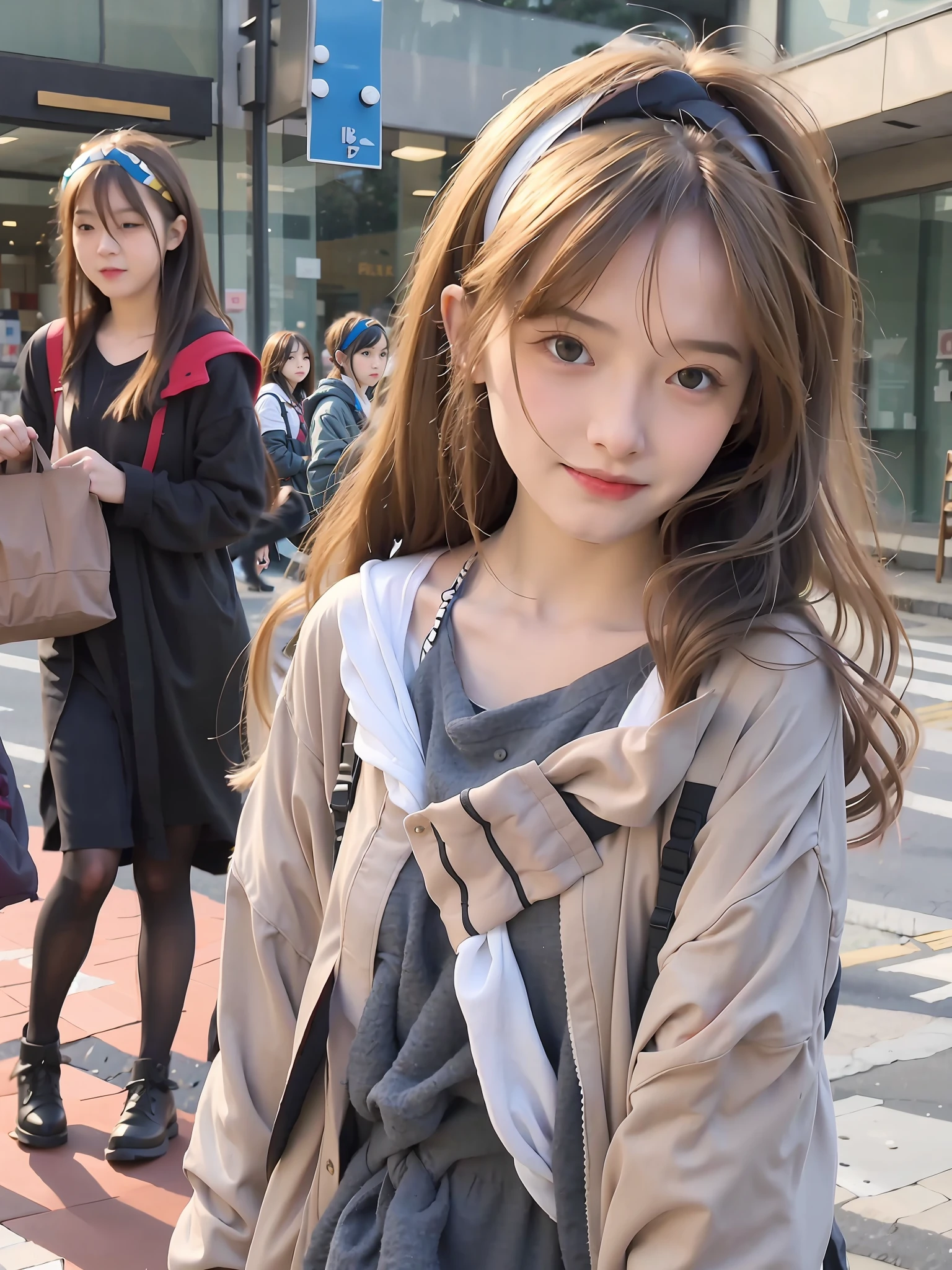 Realistic girl with long hair and headband standing on sidewalk, Attractive realistic girl, Beautiful realistic girl, Anime style. 16k, Beautiful girl, Beautiful and realistic portrait, Realistic young and pure girl, Young realistic girl, Moe anime 18-year-old girl, long blonde haired girl, Realistic style 4 K, realistic anime artstyle, Cute girl