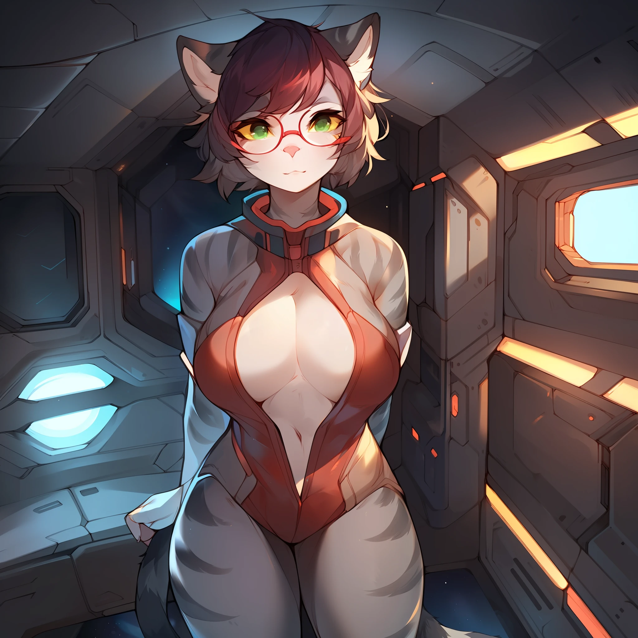 Solo, female, feline, cat, silver tabby, green eyes with yellow sclera, short dark maroon hair, standing, snout, pink nose and pink inner ear, medium big breasts, (((red glasses))), ((by spuydjeks, by bebebebebe)), ((very light grey body with light grey stripes)), spacesuit, space, spaceship, window