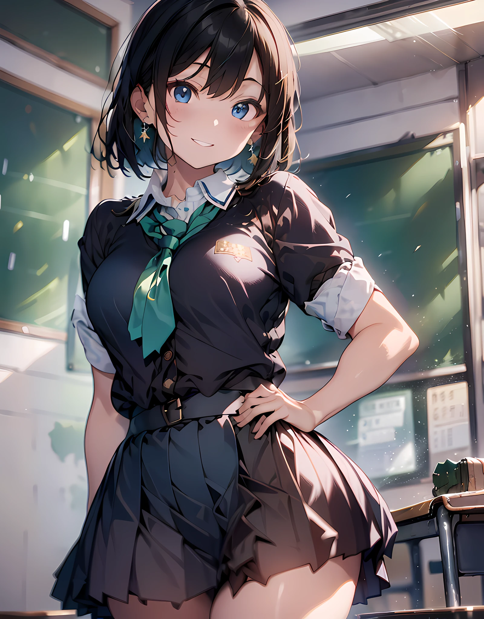 (masterpiece, best quality:1.37), highres, ultra-detailed, ultra-sharp, BREAK, Japanese school girl model, 1girl, (black hair, short hair, bangs), blue eyes, jewelry, earrings, piercing, BREAK, ((detailed school girl uniform:1.5), collard sailor shirt, yellow tie, dark-green pleats skirt, lovely look), grin, light smile, parted lips, pink lipstick, BREAK, standing, cowboy shot, arms behind back, arms behind on hip, detailed human hands, HDTV:1.2, ((detailed school room background:1.3)), 8 life size, slender, anime style, anime style school girl, perfect anatomy, perfect proportion, inspiration from Kyoto animation and A-1 picture,