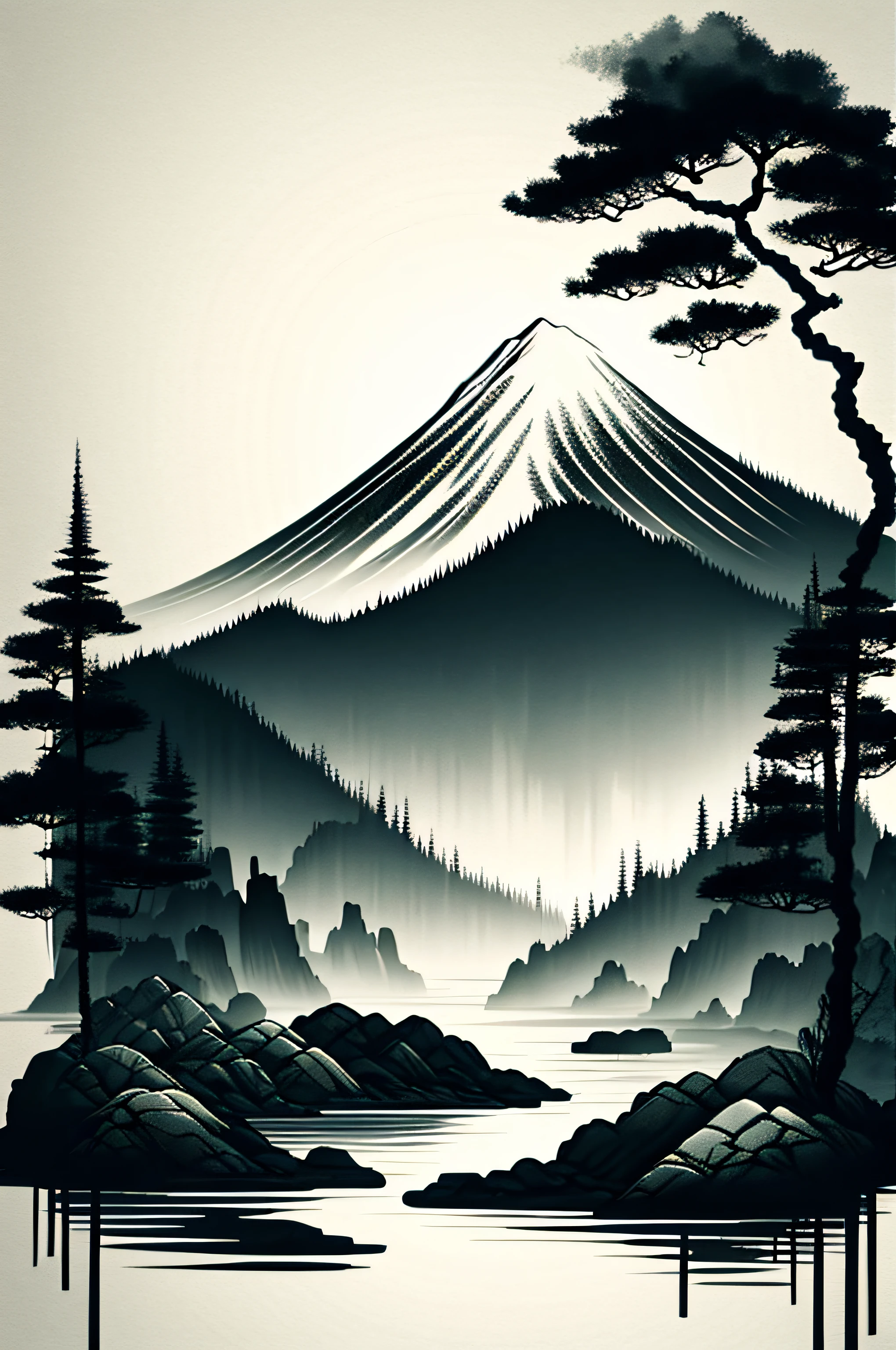 white background, scenery, ink, mountains, water, trees