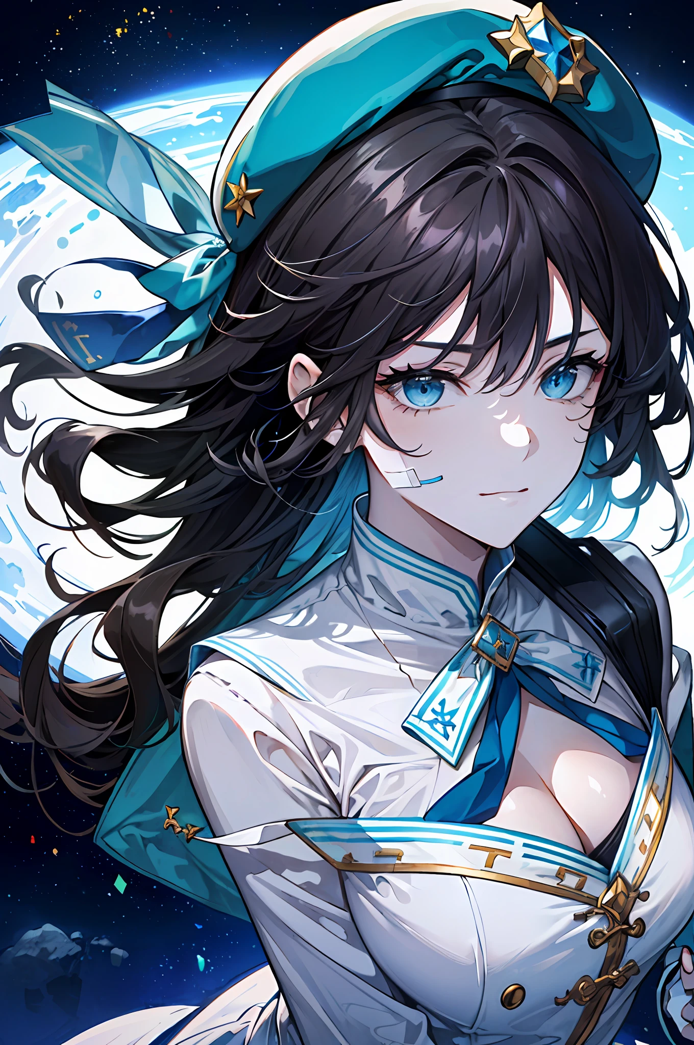 ((((A young woman))), the anime, Green eyes, (black hair), Nice face, ssmile, the perfect body, Wavy Hair, hairlong, (((morena))), big breastes, ((tmasterpiece, beste-Qualit)), illustartion, ультра детализированная 8k, Photorealistic, sharp-focus, higly detailed, Professional lighting, colorful details, Rainbow colors, Glowing, intricate detials, Vivid details, (white skirt), (blue jacket), (The head is bandaged with a bandage), blood on the face, Bruises on his hands, hands in bandages, After the fall, outer space, Planet, the stars, a space ship , (head band), (drops of blood on the face), Blue beret on the floor