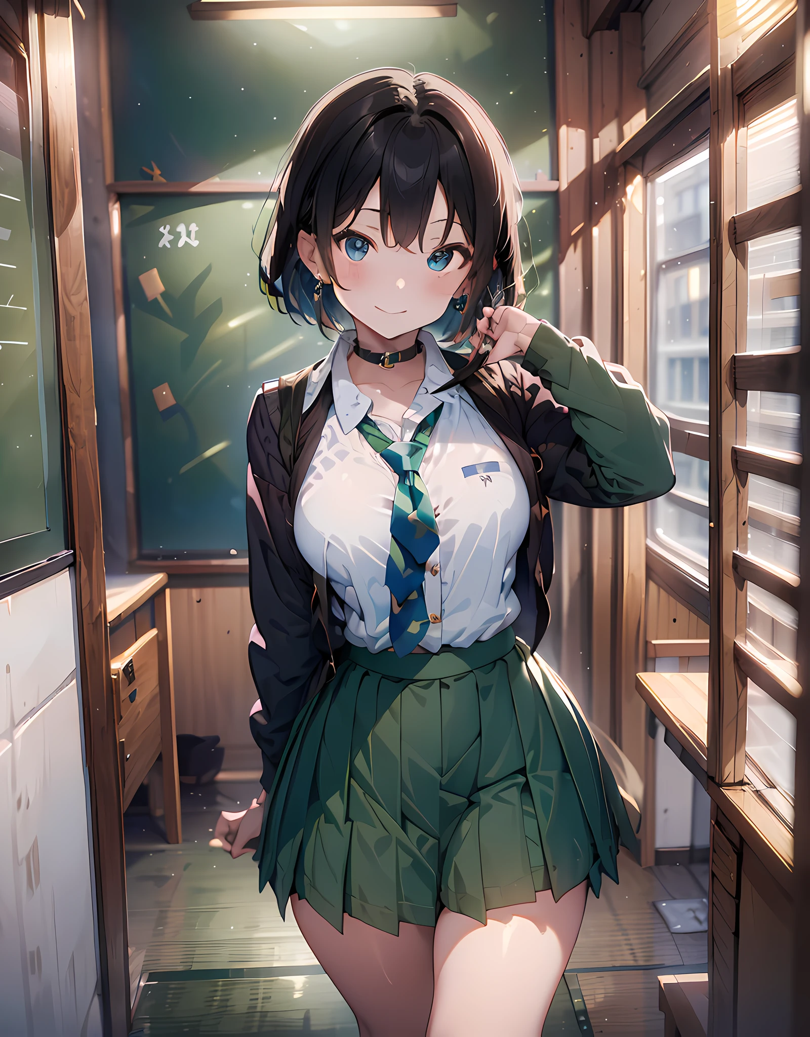 (masterpiece, best quality:1.37), highres, ultra-detailed, ultra-sharp, BREAK, Japanese school girl model, 1girl, (black hair, short hair, bangs), blue eyes, jewelry, earrings, piercing, BREAK, ((detailed school girl uniform:1.5), (detailed collard sailor shirt:1.3), (yellow tie:1.3), (dark-green pleats skirt:1.3), lovely look, detailed clothes), grin, light smile, parted lips, pink lipstick, BREAK, standing, look back, from behind, cowboy shot, detailed human hands, HDTV:1.2, ((detailed school room background:1.3)), 8 life size, slender, anime style, anime style school girl, perfect anatomy, perfect proportion, inspiration from Kyoto animation and A-1 picture,