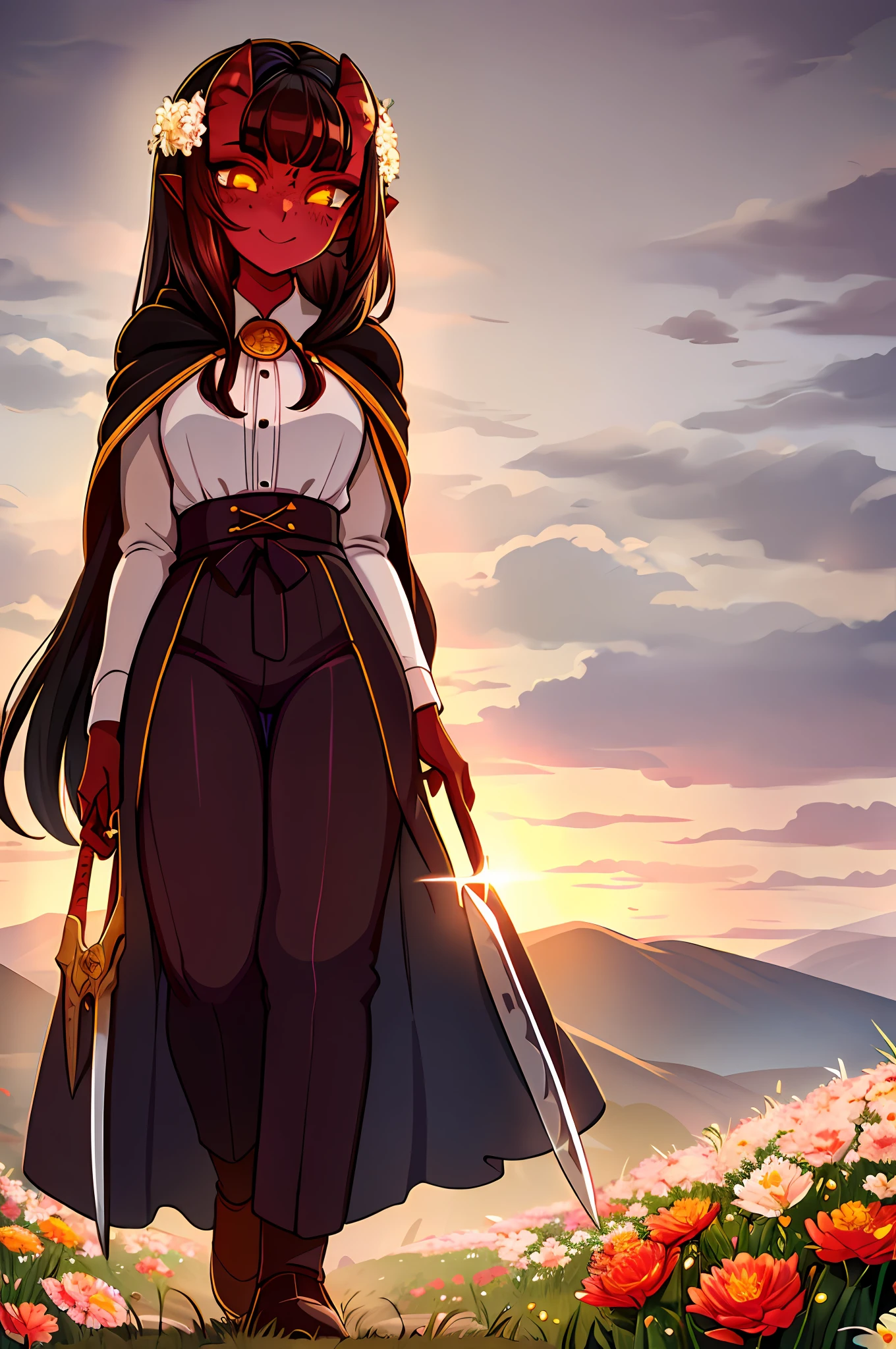 a beautiful and detailed image of meru , merunyaa,(red skin:1.3), horns,clothed,(freckles), flowing white dress,backlighting, field of flowers, holding flower, flower hair accessory, yellow eyes,smile, clouds,in front, alone, pants, medium breast, tall girl, knife holding, cloak, cape, walking, pants