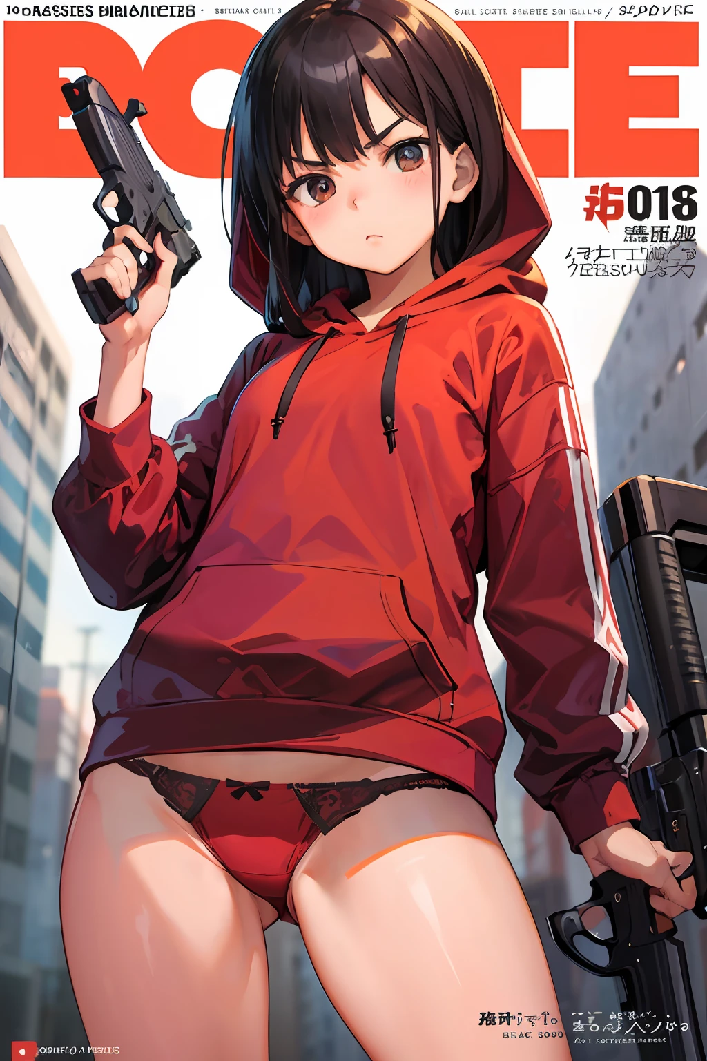 (masterpiece:1.2, best quality), (highly detailed:1.3), (magazine cover), 1girl, teen, petite, (red panties), (hoodie), (holding a gun), serious,