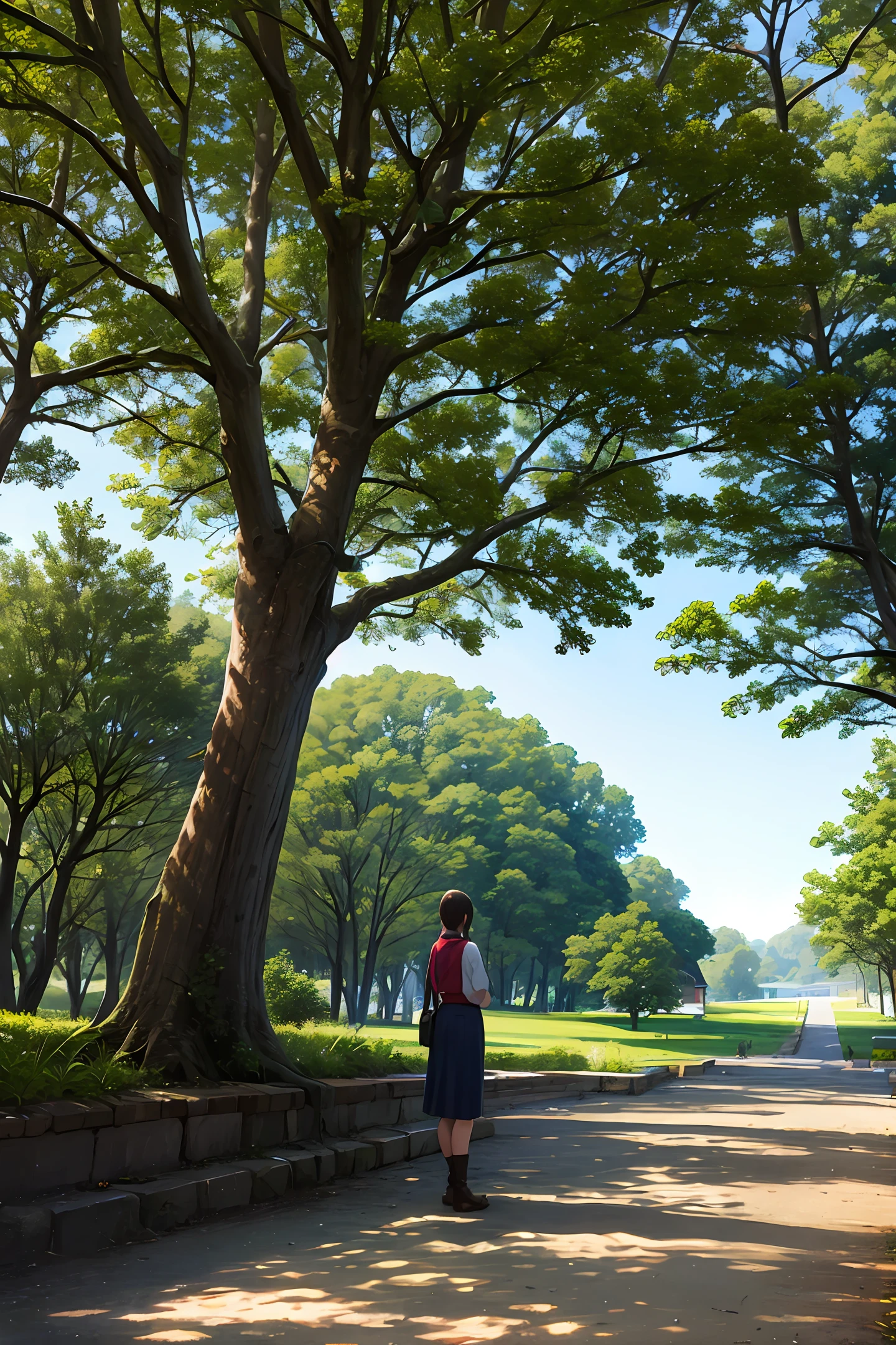 Creates a Woman standing near a tree in Nature thinking,