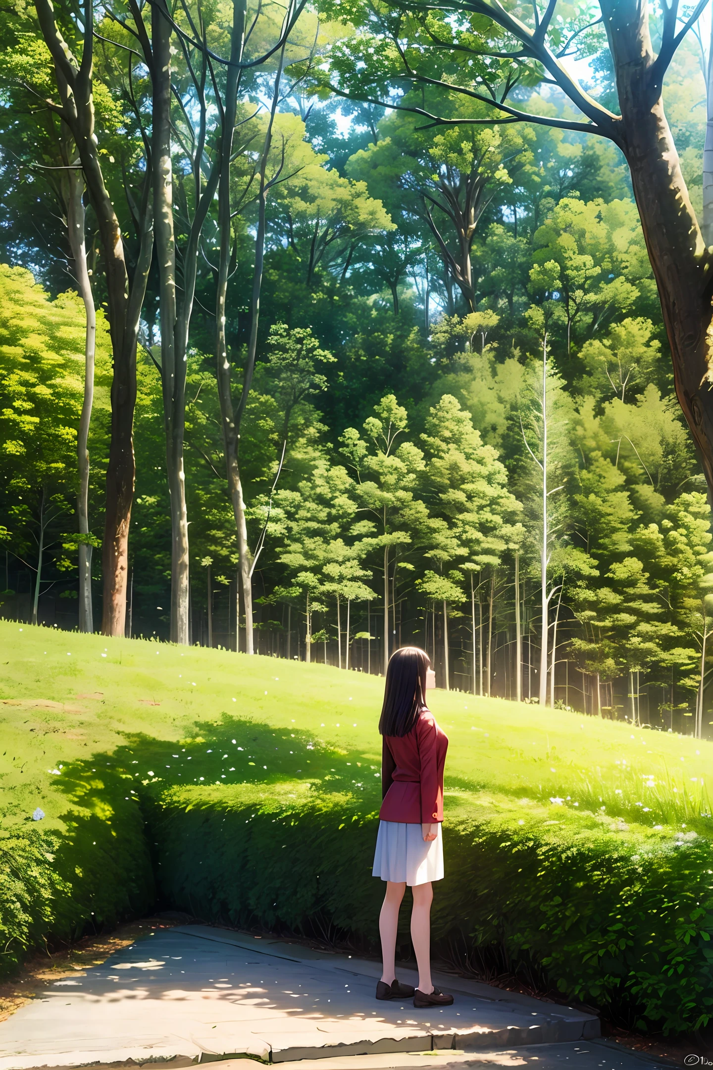 Creates a Woman standing near a tree in Nature thinking,