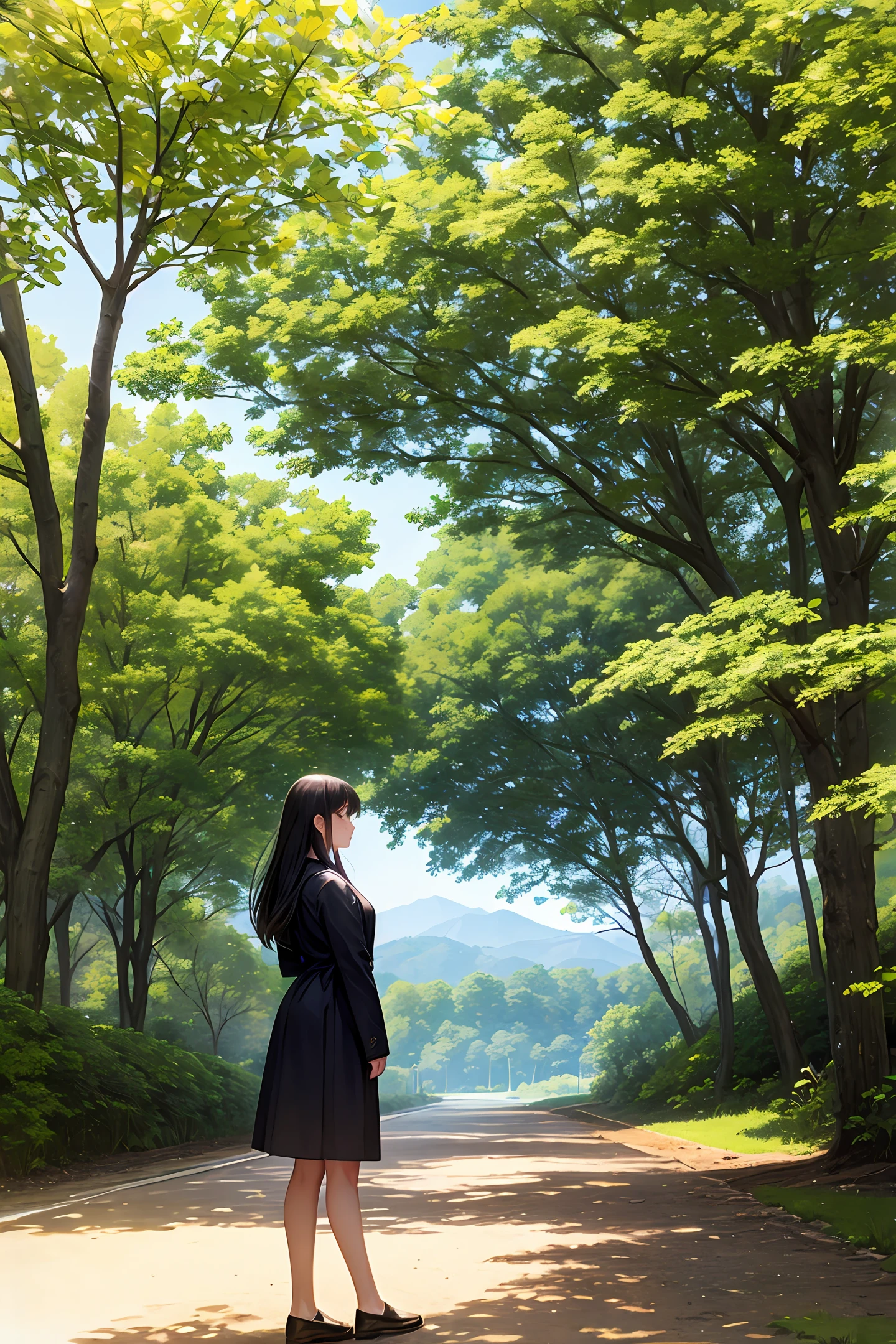 Creates a Woman standing near a tree in Nature thinking,