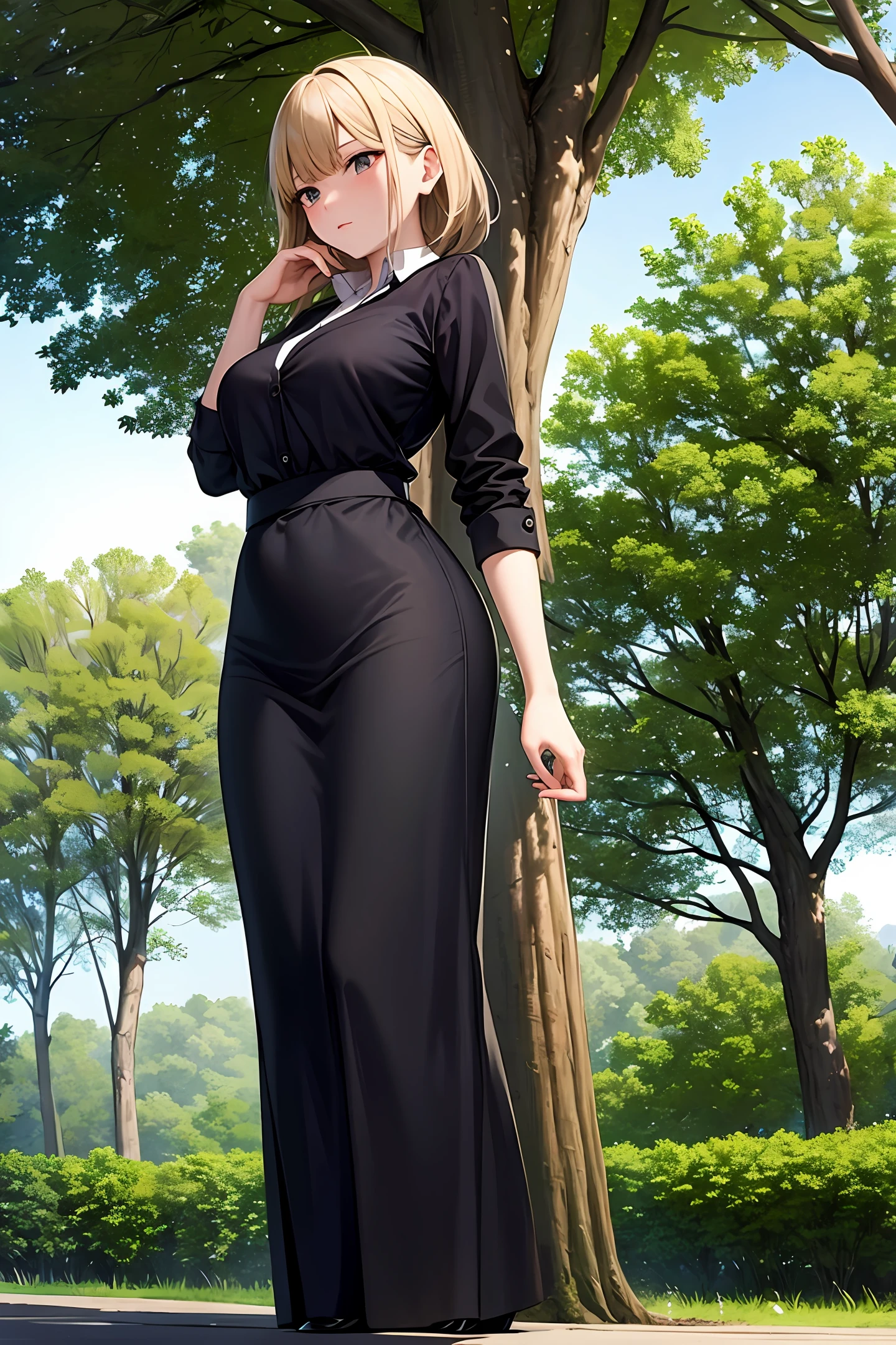 Creates a Woman standing near a tree in Nature thinking,
