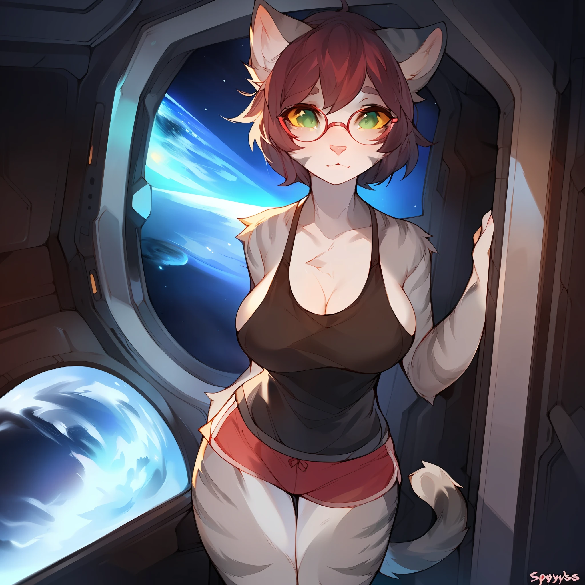 Solo, female, feline, cat, silver tabby, green eyes with yellow sclera, short dark maroon hair, standing, snout, pink nose and pink inner ear, medium big breasts, (((red glasses))), ((by spuydjeks, by bebebebebe)), ((very light grey body with light grey stripes)), tank top, short shorts, space, spaceship, window