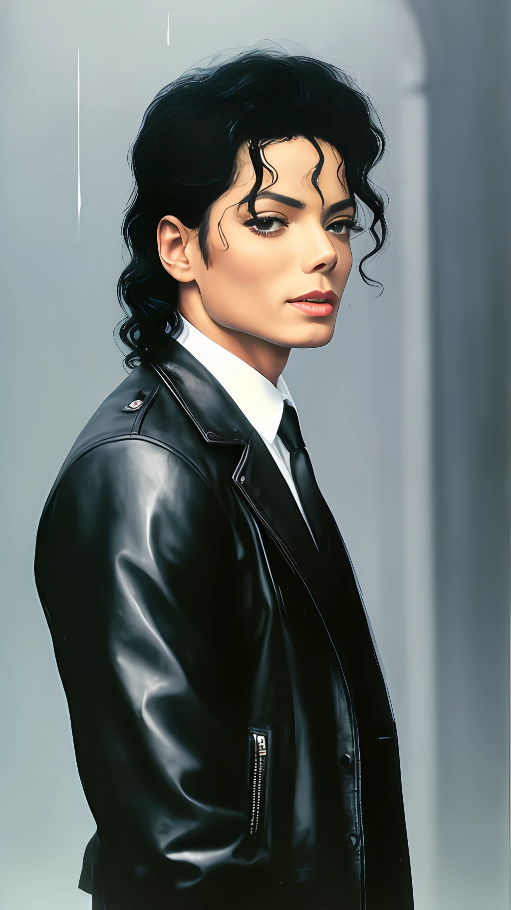 Portrait of a man in a leather jacket and tie, Michael Jackson, Michael_Jackson, Portrait of Michael Jackson, Beautiful Young Prince, By Tadashi Nakayama, Michael, With his long black hair.., Portrait of Michael Jackson, profile shot, Scan Head Office, Araki, Moonwalker Photos, It's raining!!!!, HQ artwork, UHQ Scan