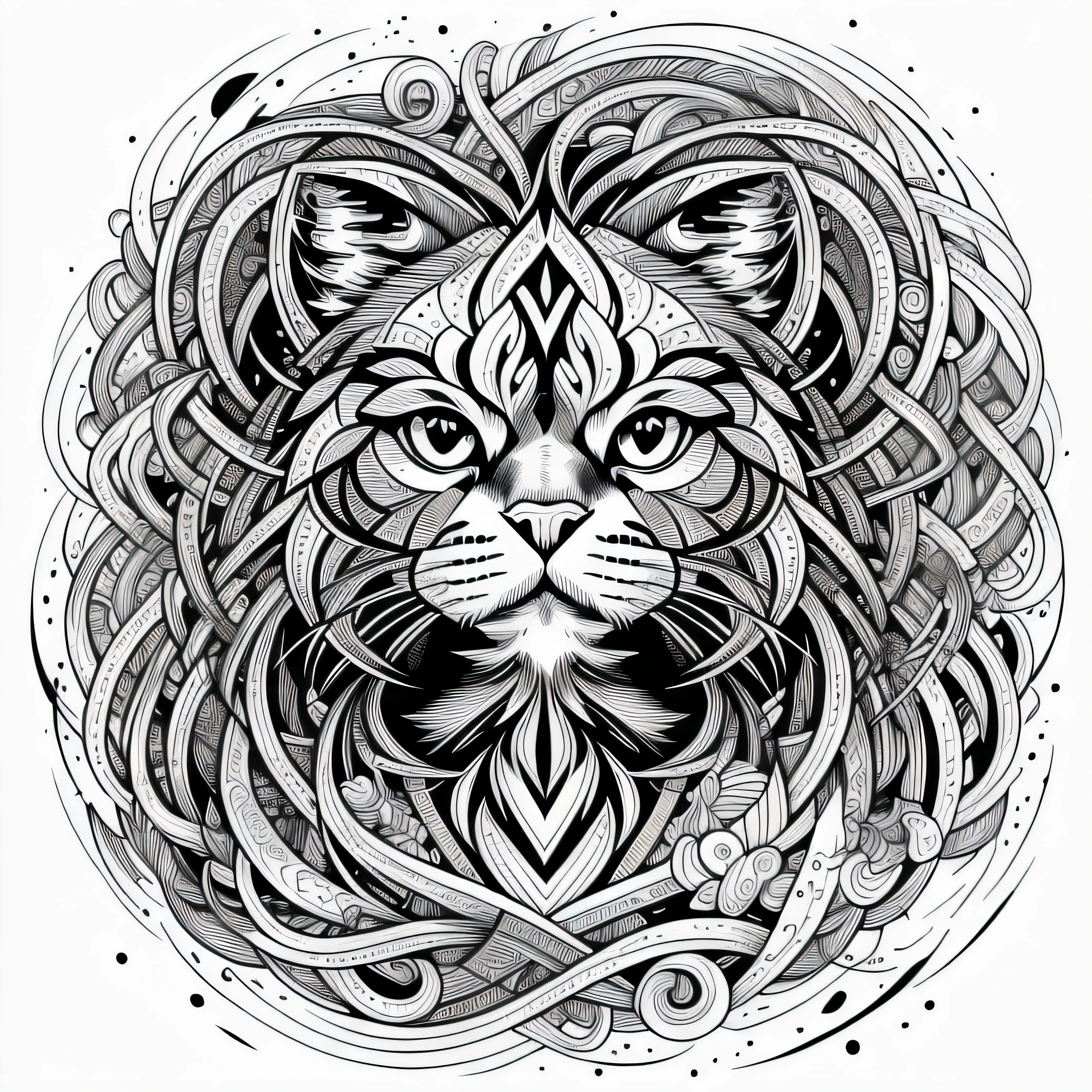 coloring book, coloring book for adults, Connected lines, symmetry, one head cat, facing forward, black and white, thick line work, large patterns, negative space, thick pattern, No black background, Beautiful forest pattern background, no part colored black, stylized ink thin line art, vector, Adobe Illustrator, .eps, design for tattoo, African pattern.