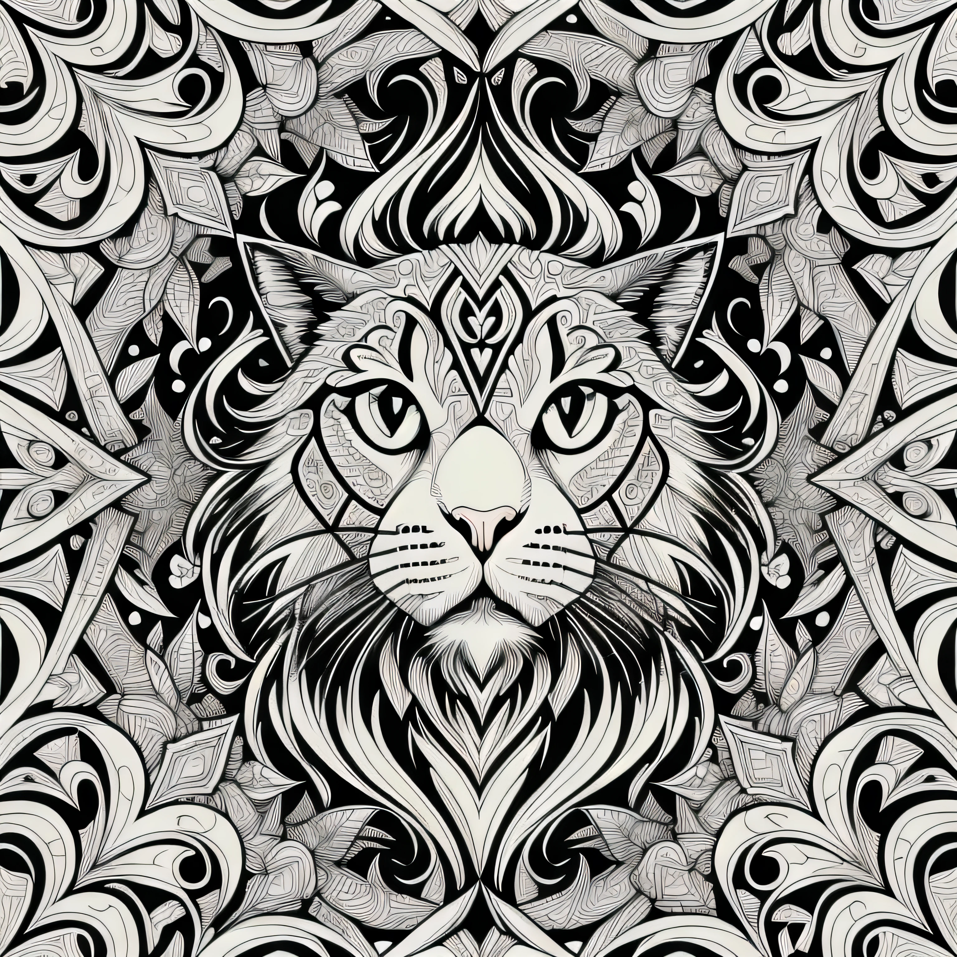 coloring book, coloring book for adults, Connected lines, symmetry, one head cat, facing forward, black and white, thick line work, large patterns, negative space, thick pattern, No black background, Beautiful forest pattern background, no part colored black, stylized ink thin line art, vector, Adobe Illustrator, .eps, design for tattoo, African pattern.