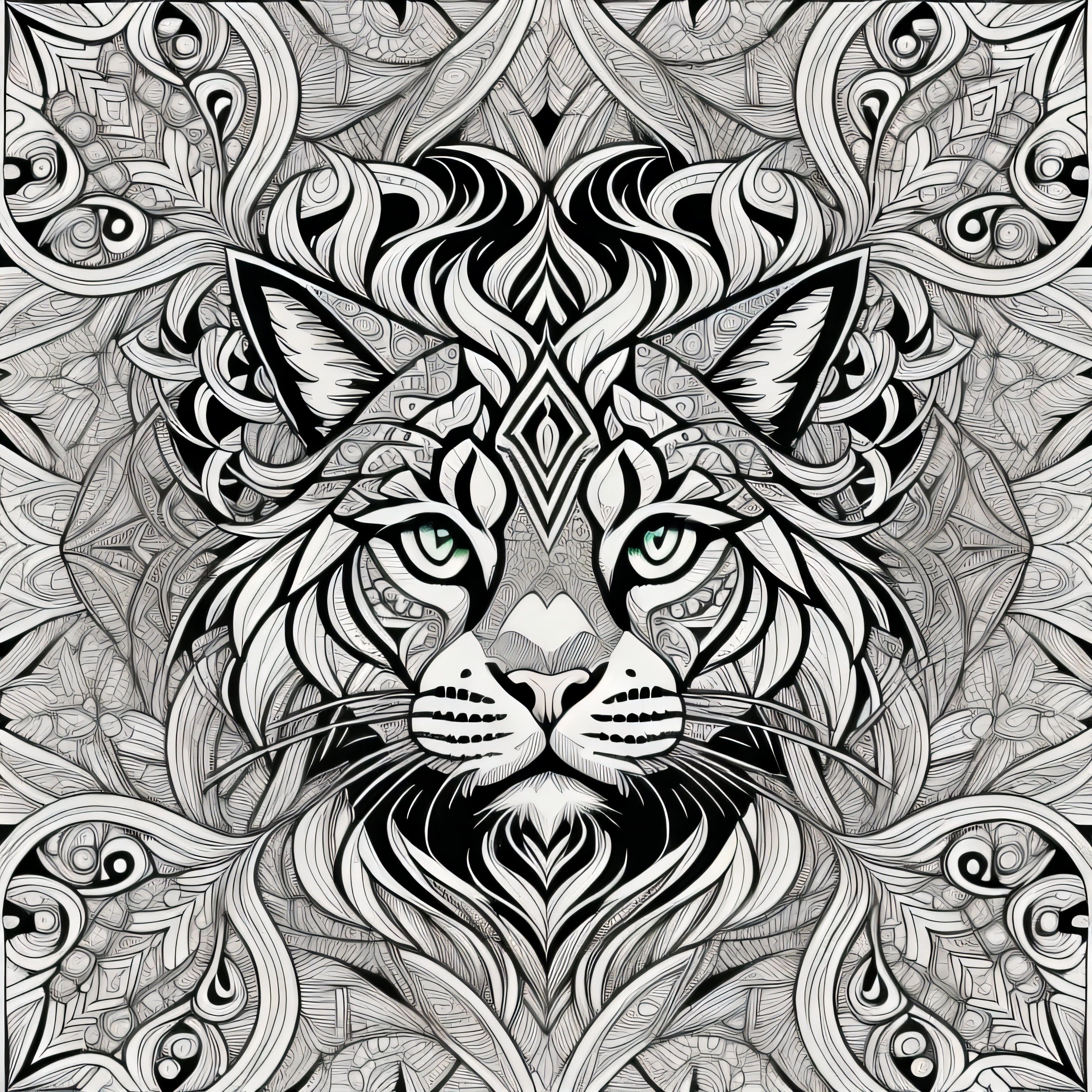 coloring book, coloring book for adults, Connected lines, symmetry, one head cat, facing forward, black and white, thick line work, large patterns, negative space, thick pattern, No black background, Beautiful forest pattern background, no part colored black, stylized ink thin line art, vector, Adobe Illustrator, .eps, design for tattoo, African pattern.