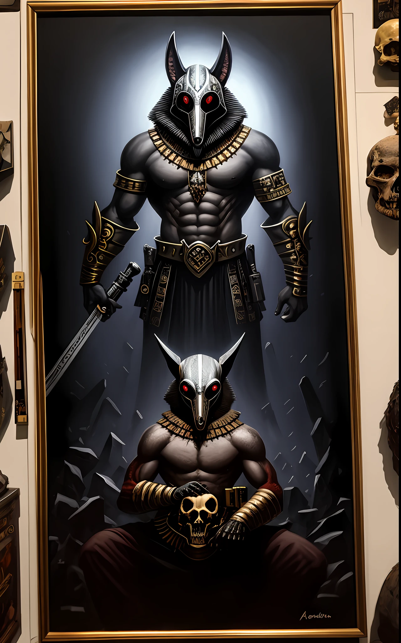 (alta qualidade), fotorrealista, (oil-painting) jewelries, (solo), (dinamic pose), para a direita, ((Hell's Gate)), fogo, paisagem do inferno, (o submundo), (paisagem escura), anubis, Egyptian god with jackal head, antro, musculoso, (segurando escamas douradas), dinamic pose, cinemactic, dramatic camera angle, armadura dourada: 0,25, capa preta e dourada, (boa anatomia), (good proportions), premiado, obra-prima, centrado, Death holding a force 3d, on top of a pile of bones realistic k image with living skulls below being enslaved
