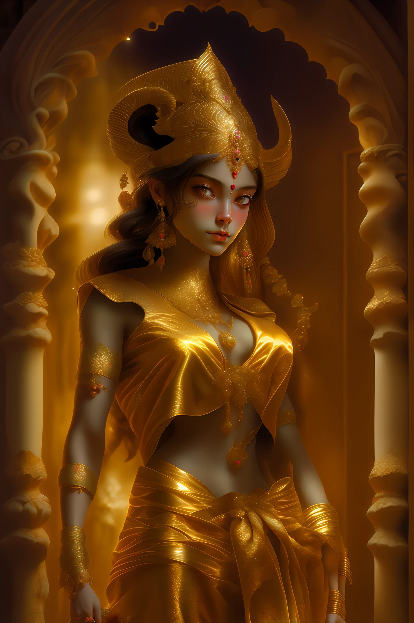 Arafed woman in gold suit, standing in the doorway, Indian Goddess, beautiful goddess, karol bak uhd, extremely detailed goddess shot, a stunning portrait of a goddess, portrait of a beautiful goddess, a goddess. extremely high details, fantasy woman, Dark-skinned woman-goddess of love, a beautiful fantasy empress, karol bak and peter mohrbacher