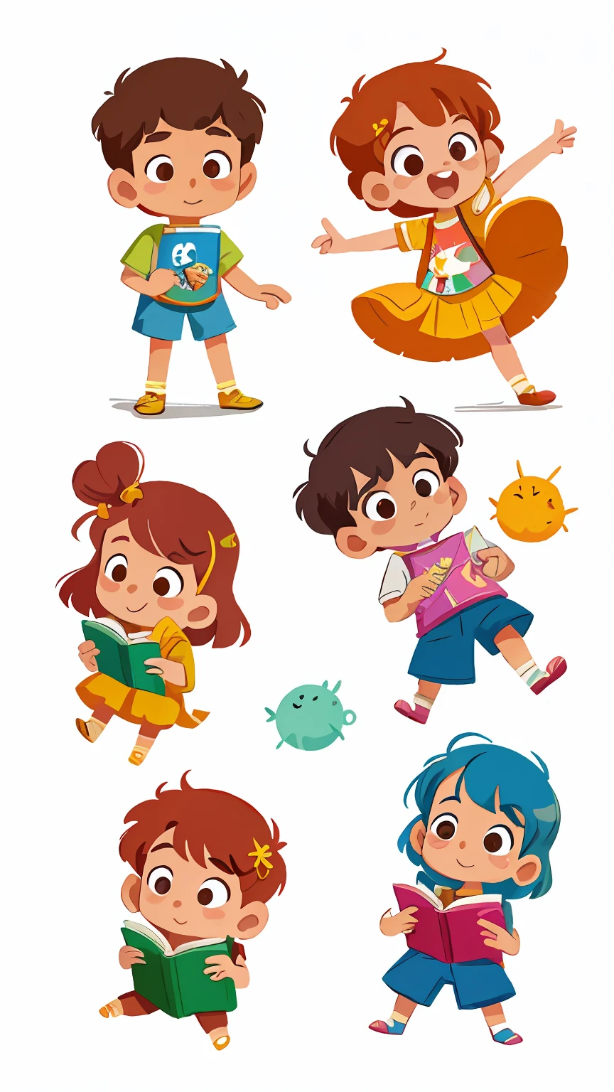 10 diferentes poses , various excretions, de frente e perfil de um menino,com um pincel na mao em diffetent angles, estilo personagem de livro infantil, fundo branco. Estilo Pixar, com nanquim, realistic sketch style, linhas livres, fundo branco. , Fanart, estilo de arte bonito Arte infantil em Artstation, illustration of children's books