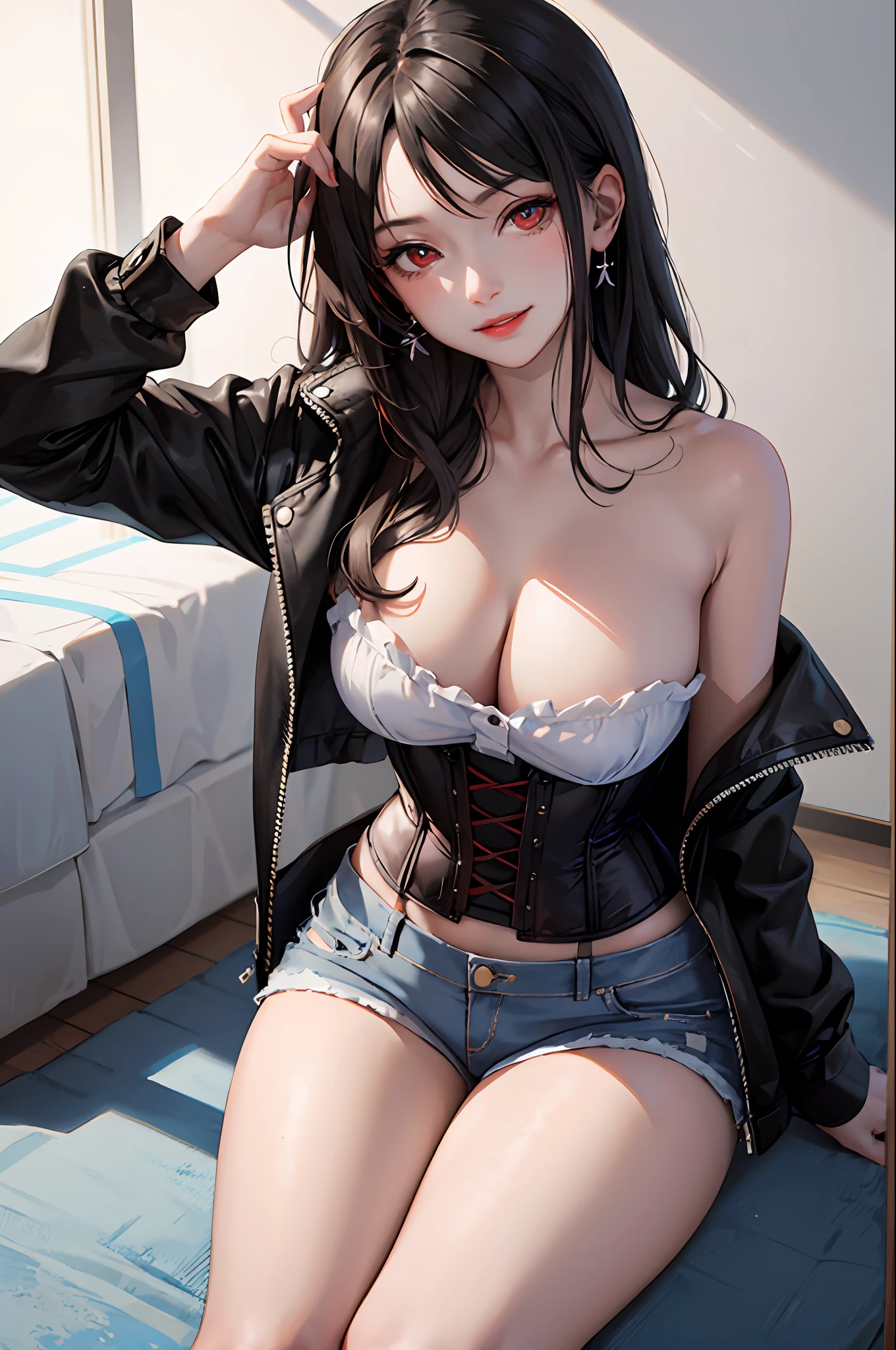 best quality, Mio_Naruse, 1girl, corset, denim_shorts, red_jhair, red_eyes, sexy expression, smirk, seductive, femdom, girl_on_top, pov, from_below, girl on top of viewer