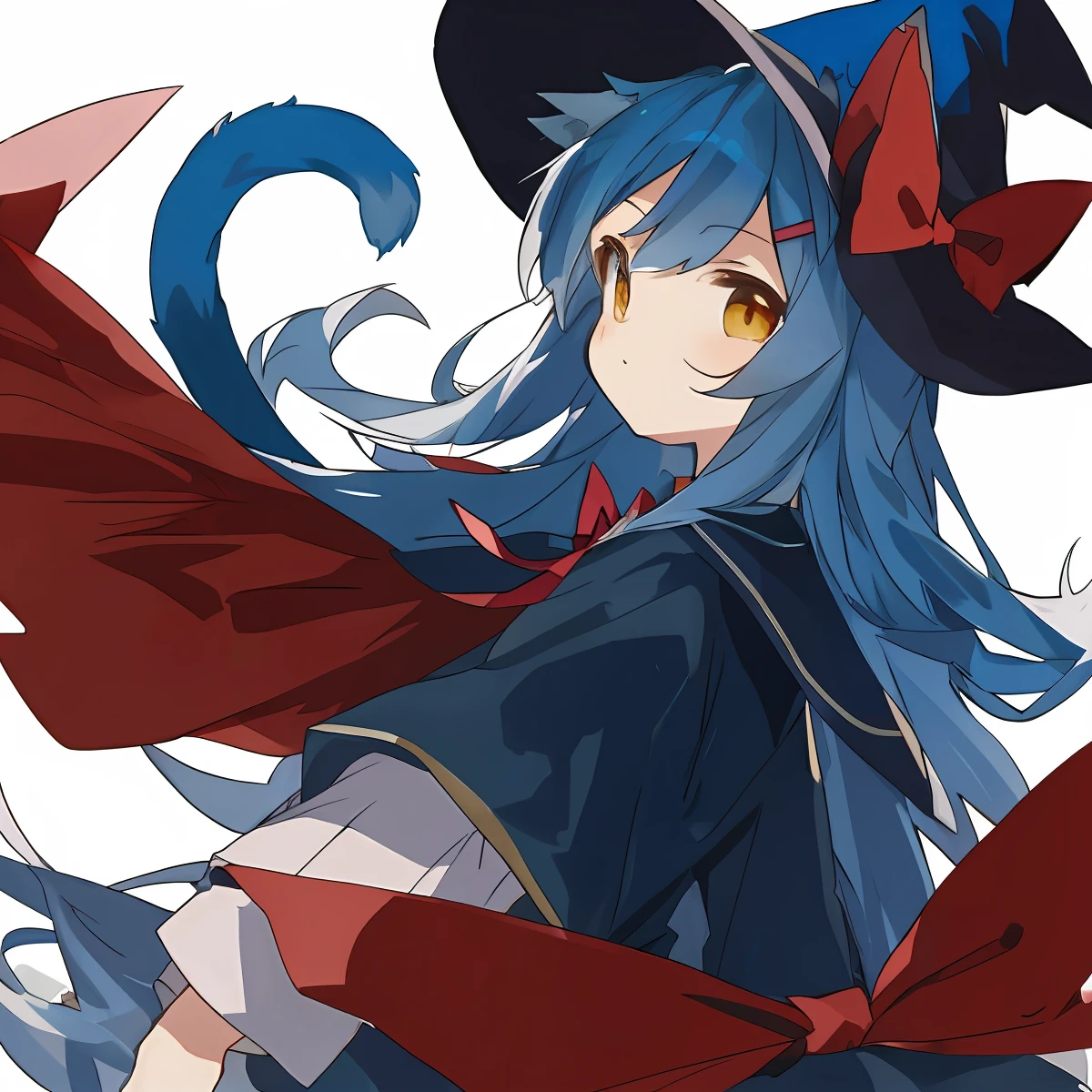 A blue hair,Cute witch with cat ears,Has golden eyes,A red bow is worn on his head,There are two red hairpins,Long chest-length hair,White shirt inside,Wear a dark blue preppy uniform with a red bow,And a blue cat tail,Whole body diagram,Wearing a witch hat,Anime style