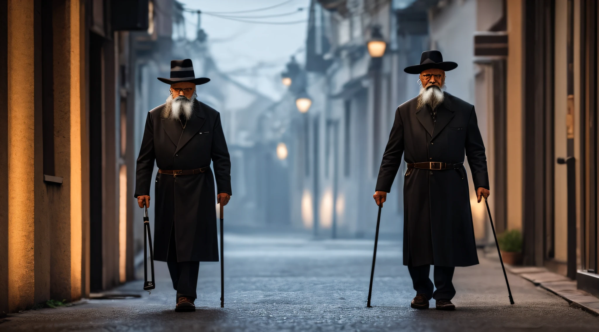 Old man with beard and hat and walking cane, realista, dark backdrop --auto