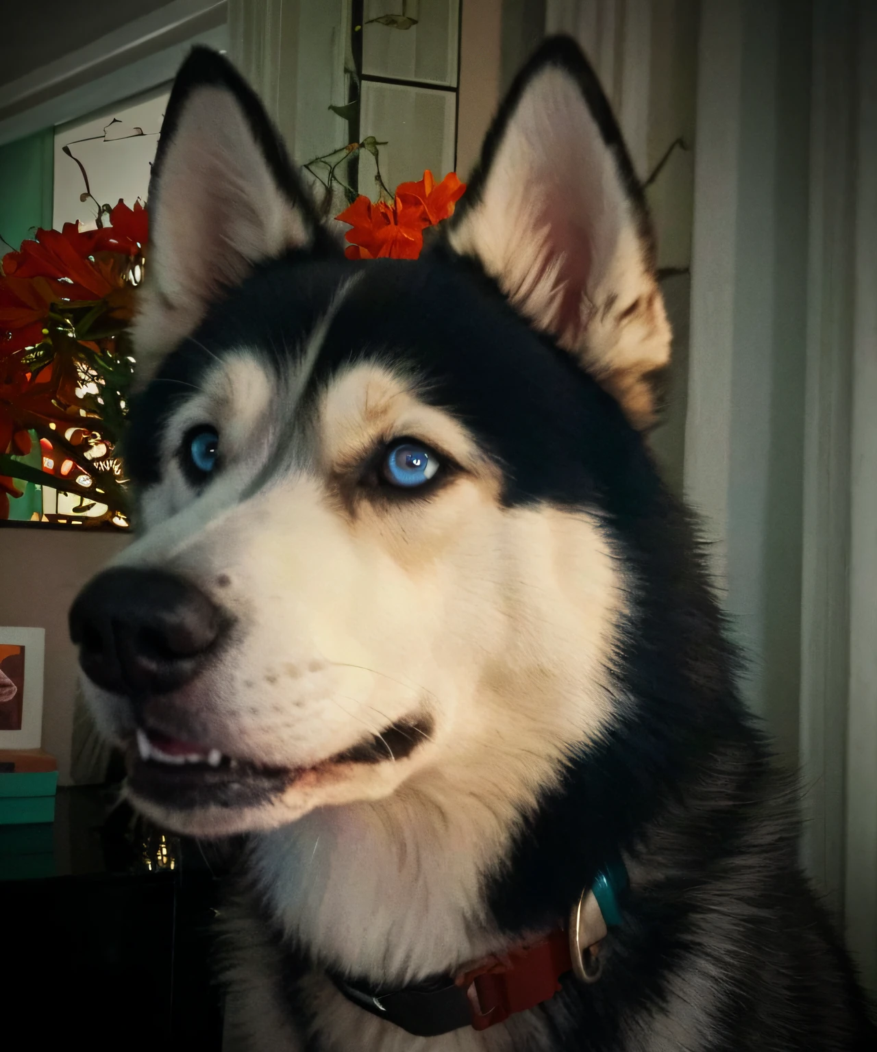 Arafed dog with blue eyes and a leash sitting in a room, husky, husky dog, Husky siberiano, Husky em armadura brilhante, com olhos azuis brilhantes, grandes olhos azuis, olhos azuis bonitos, grandes olhos azuis bonitos, olhos azuis cintilantes, olhos azuis azuis, ela tem olhos azuis, olhos azuis e um rosto largo, olhos azuis! --auto