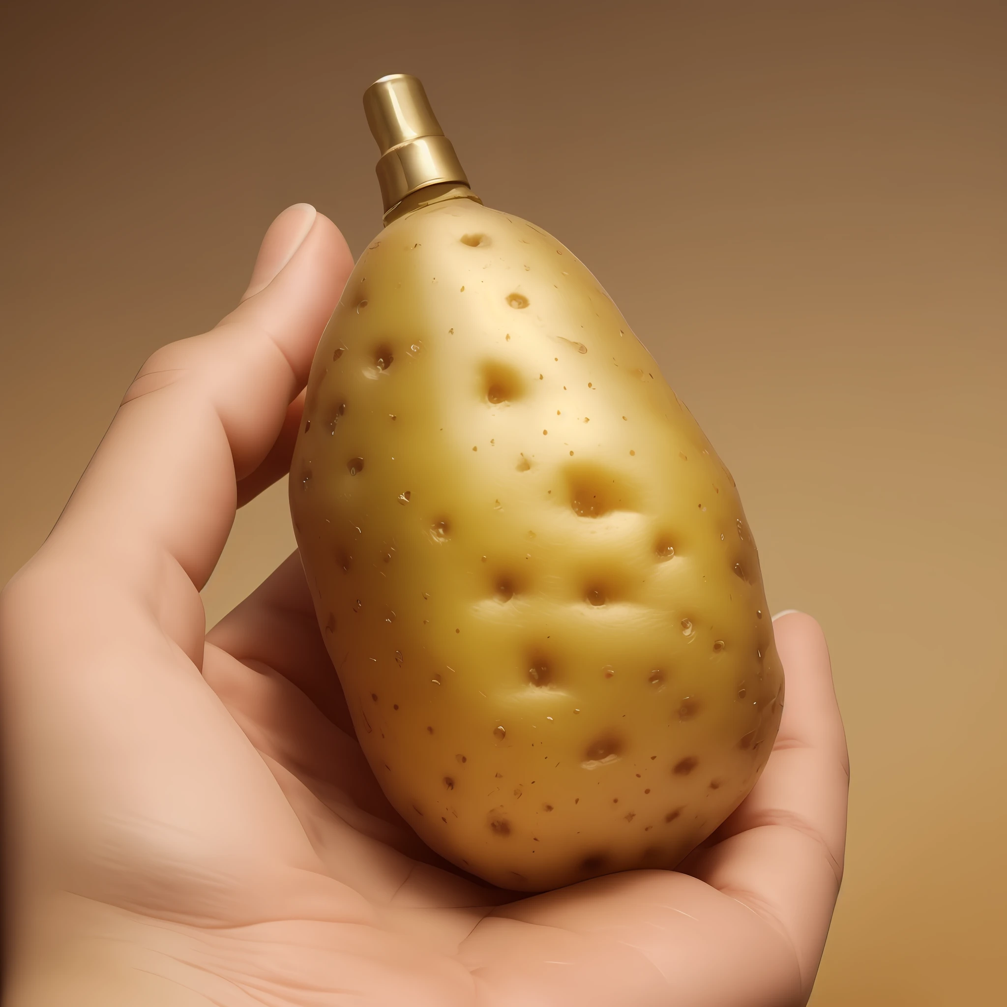 Someone holding a potato with a bottle of liquid in his hand, potato, Peter Dutton as Potato, potato, A hyper-realistic, Potato peel, In клубень, super realistic food picture, realistic gold, rendered, grenade in hand, [ foto realista ]!!, hyper-detailed photorealism", hyper realistic render, Hand, ultrarealistic illustration, portrait shot