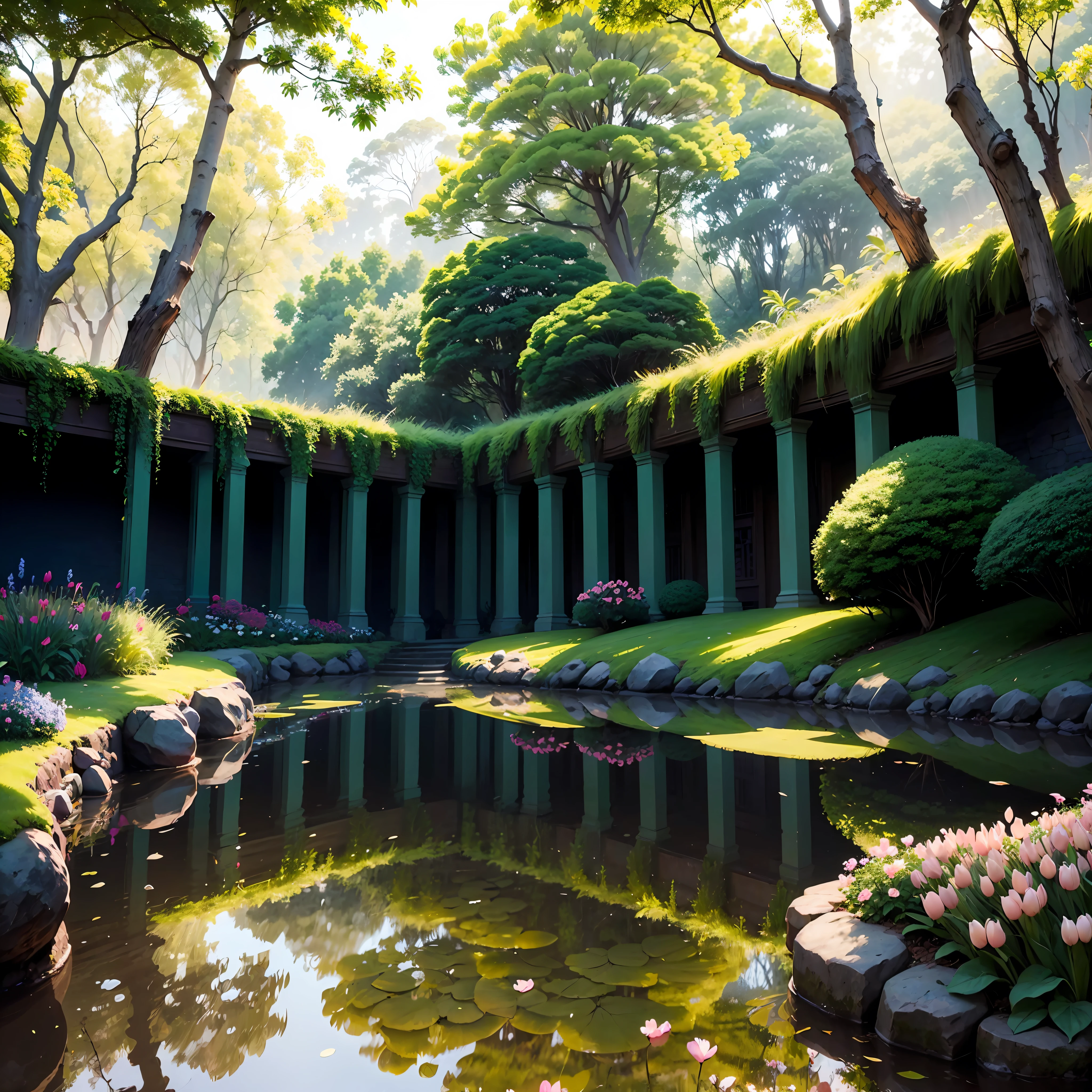 A painting depicting a magical and surreal scene of an enchanted garden, com exuberante, vibrant flowers in full bloom. Use watercolor painting techniques to create smooths, cores difusas, providing a dreamy and ethereal aspect. Flores em tons pastel, como rosas macias, delicate lilies and tulips in soft colors, espalhadas pelo jardim. Borboletas com asas brilhantes e iridescentes, Dancing among the flowers, adicionando um toque de movimento e magia. A majestic tree with lush foliage and vibrant tones, providing shade and a touch of mystery. Rays of the sun filtered by the leaves of trees, creating patterns of light and shadow that enhance the beauty of the environment. Um riacho tranquilo serpenteando pelo jardim, refletindo as cores das flores e trazendo um senso de serenidade. Folhagens detalhadas e texturizadas, capturando a diversidade de formas e tamanhos encontrados na natureza. Borboletas com asas delicadas e detalhes intricados, adding a touch of realism and artistic expression. Adicione um elemento de surpresa, como uma fada escondida nas folhagens ou um pequeno animal curioso explorando o jardim. --auto