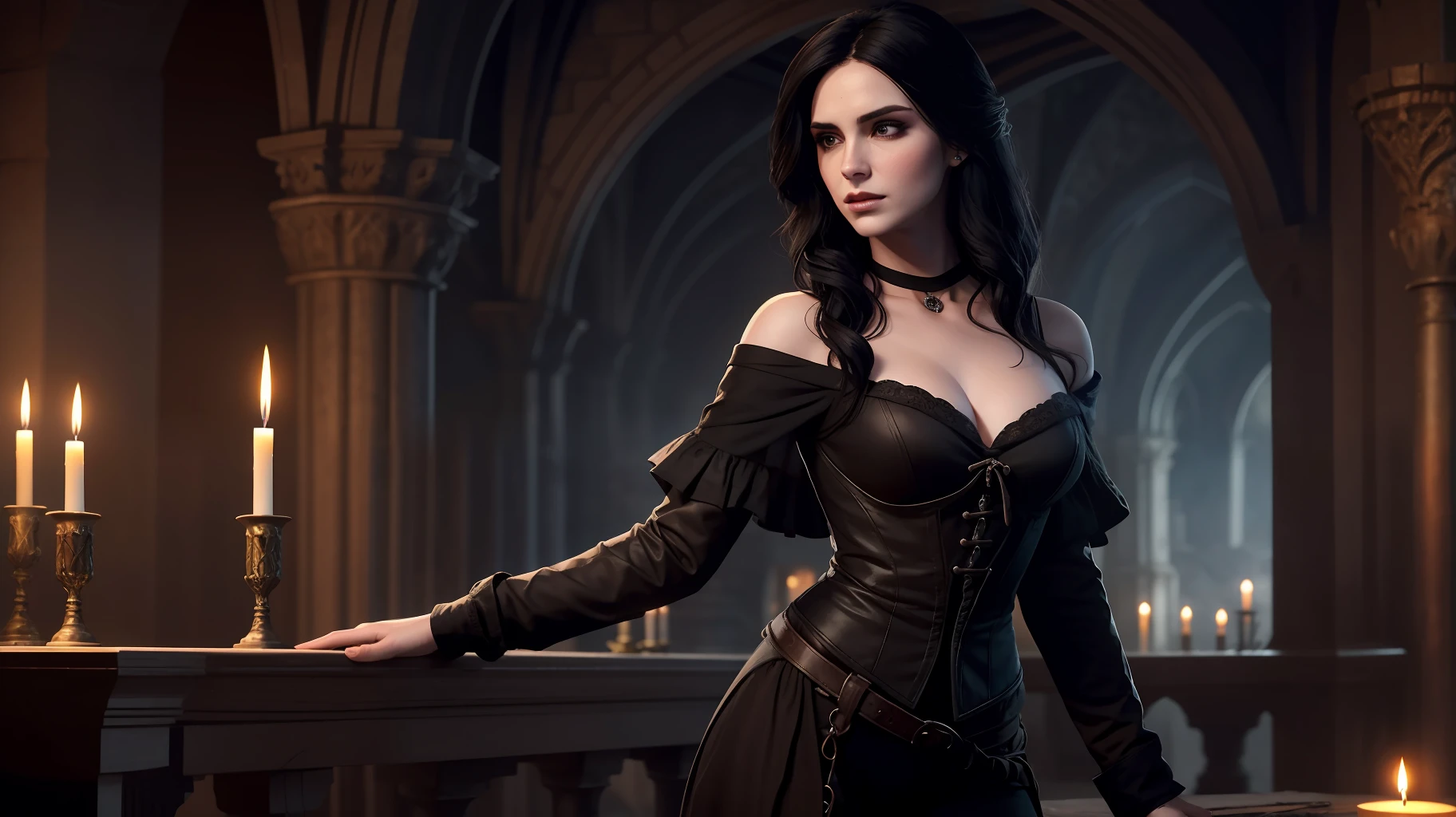 Yennefer de Vengenberg from The Witcher is a woman of stunning beauty, com longos cabelos negros e olhos violeta hipnotizantes. Ela veste um elegante vestido de seda preto com detalhes em prata, pernas a mostra, destacando sua figura esbelta e graciosidade. It is standing in a tower of a shadowy castle, candlelit, with an enigmatic and powerful look, illustration, Gothic style, --AR 16:9 --V 5