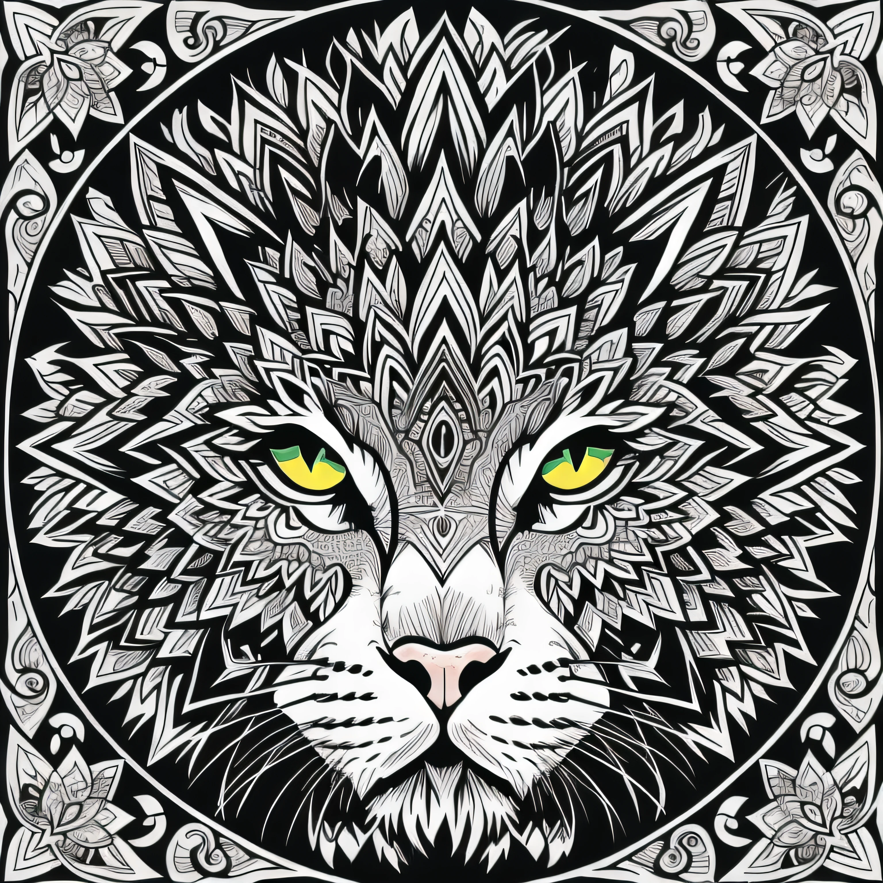 livro para colorir, Livro para colorir para adultos, Linhas conectadas, simetria, a head cat, virado para a frente, preto e branco, trabalho de linha grossa, Great standards, negative space, thick pattern, sem fundo preto, Cute forest pattern background, nenhuma parte colorida de preto, efeito mandalas, mandalas, arte de linha fina de tinta estilizada, vetor, Adobe Illustrator, ..eps, African pattern.