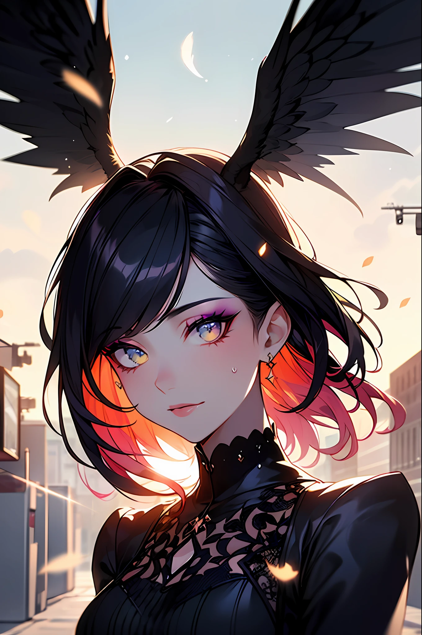 (Masterpiece:1.2), best quality, (illustration:1.2), (ultra-detailed),Eye focus,(Masterfully crafted Glow, pink lens flare), (Cinematic background), hyper details, (delicate detailed), (intricate details),in the air, octane render, hdr, (hyperdetailed:1.15), (soft light:1.2), 1girl, beautiful girl, ultra detailed eyes, mature, plump, thick, rainbow painting drops, paint teardrops, woman made up from paint, entirely paint, splat, splash, outdoors, (bioluminescent hair:1.1),(glowing eyes), ((makeup)),(Cinematic masterpiece), fierce, powerful, splashes of colour absolutely eye-catching, (Cinematic headlight), light coming from above, growing shadows, ((caustic)), dynamic angle, beautiful detailed glow, ambient occlusion, ambient light, raytraced reflections,(best illumination, an extremely delicate and beautiful), ((cinematic light)), (soft:2), (Nephilim:1.2), (halo), demon horns,(1 angel wing),1 demon wing, wings on back, half demon, demon ears, black wings, raven wings, (falling raven feathers), black hair, grey eyes, (red hair glow), (radiant aura),