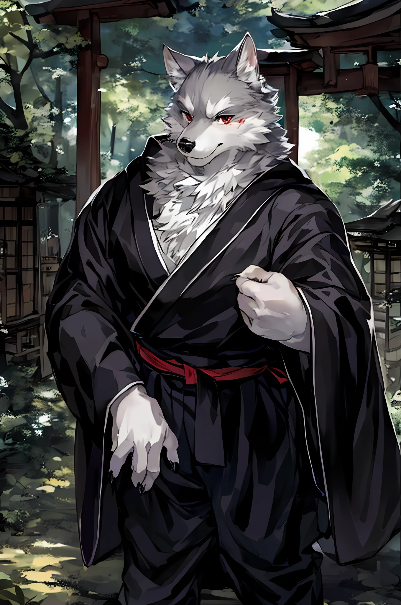 light gray wolf, masterpiece, best quality, absurd res, by kiyosan, by null-ghost, furry, wolf, male, muscular, solo, long black cloak, (wide trousers)+, kimono, red pupils, black eyes, thick eyebrows, light gray fur, silver fur, (scar on nuzzle:0.9), looking at viewer, detailed fur, fluffy, tail, detailed background, japanese village