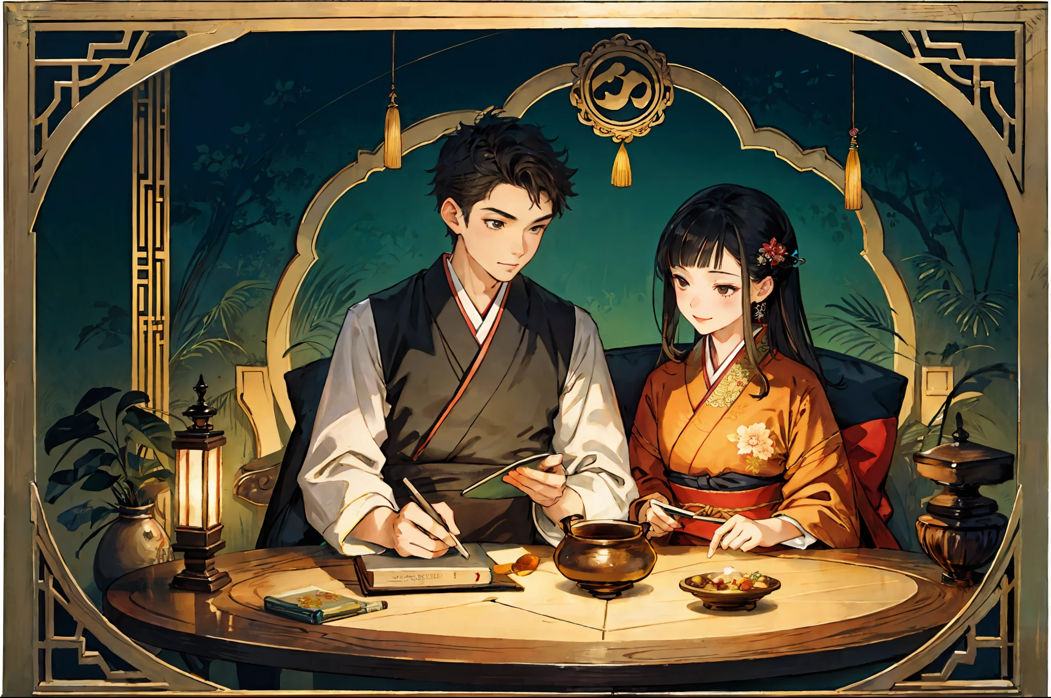 (best quality), oriental detailed background,girl with man , alchemist,