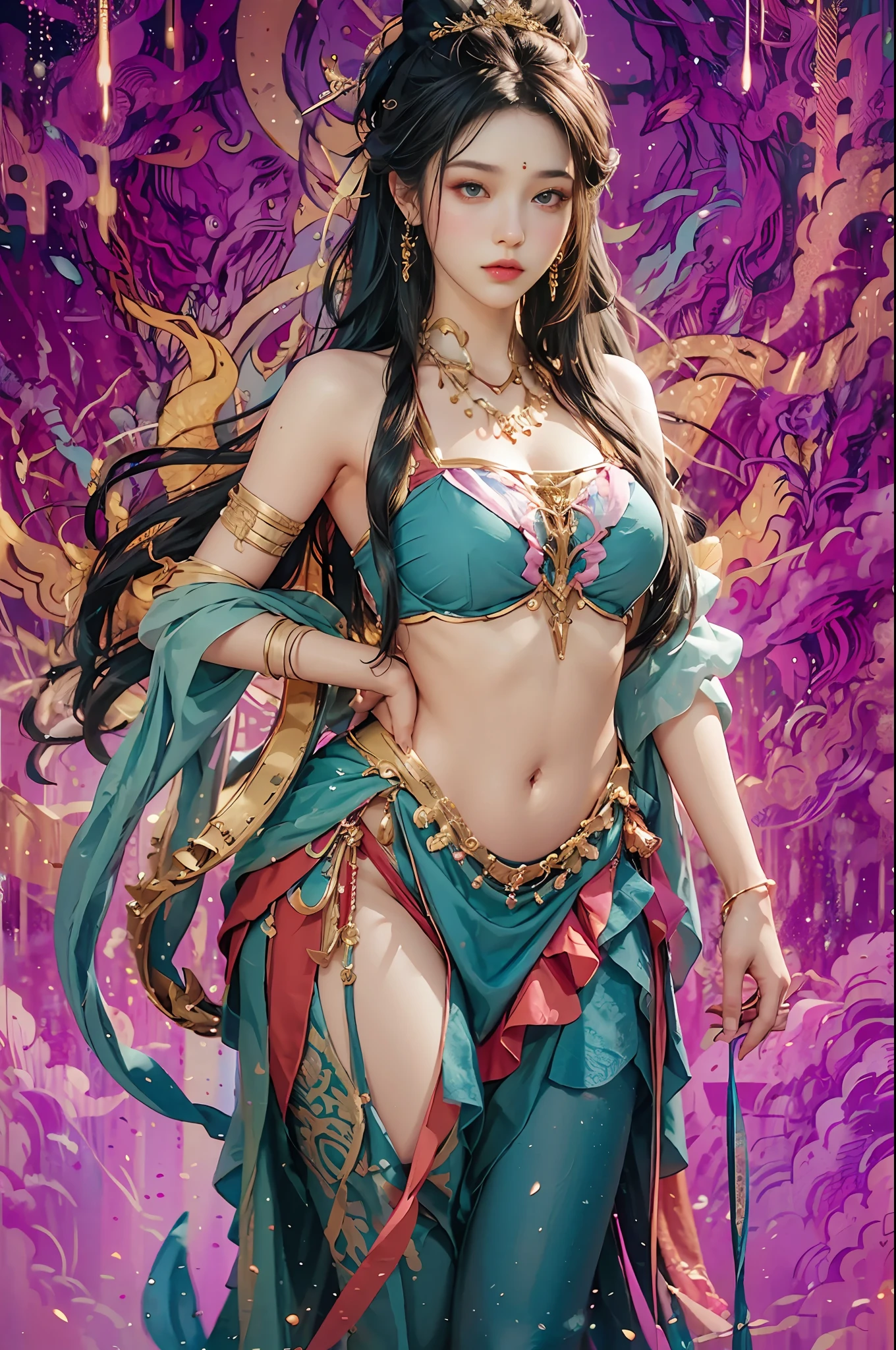 Real girl, A young tall, plump girl, with blue long hair and black eyes, hyperrealistic face, beautiful eyes, fantasy art, in the style of mone, intricate, hyperdetalized, smooth, digital art, hdr, highly detailed,full body shot,pink pantyhose