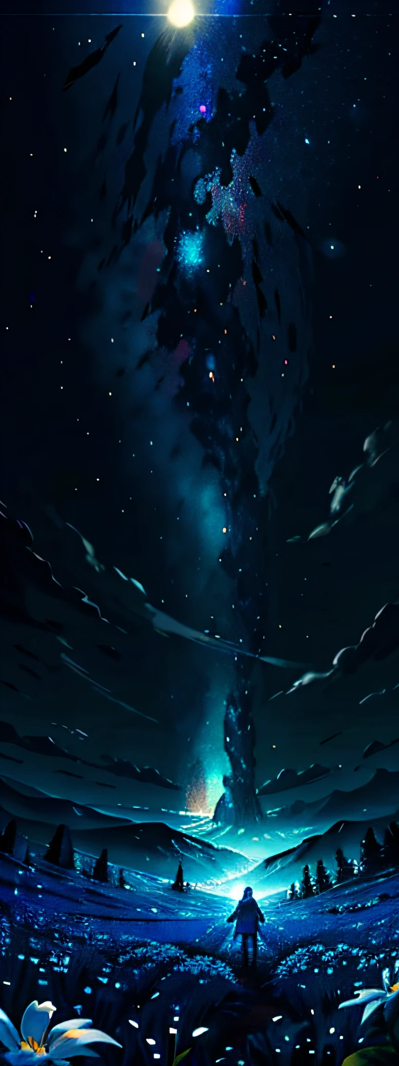 Expansive landscape photograph,(Above is the sky,Below are open fields),A boy standing on a flower field looking up,(moon full:1.2),(meteors:0.9),(Starcloud:1.3),Far Mountain, Tree BREAK making art,(Warm light source:1.2),(glowworm:1.2),lamp lights,Lots of blue and white,Complicated details,Volumetric lighting BREAK(tmasterpiece:1.2),(best qualtiy),4k,ultra - detailed,(dynamic compositions:1.4),detail-rich,plethora of colors,(Irridescent color:1.2),(with light glowing,Atmospheric lighting),dream magical,magical,(独奏:1.2)