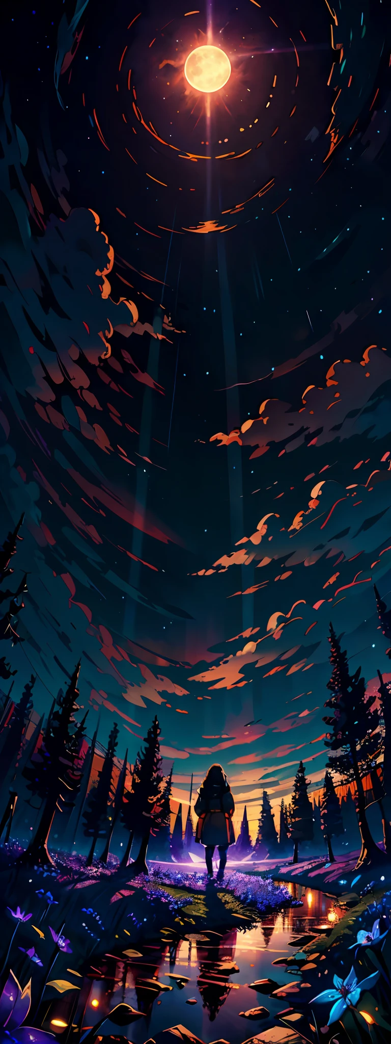 expansive landscape photograph , (a view from below that shows sky above and open field below), a girl standing on flower field looking up, (full moon:1.2), ( shooting stars:0.9), (nebula:1.3), distant mountain, tree BREAK
production art, (warm light source:1.2), (Firefly:1.2), lamp, lot of purple and orange, intricate details, volumetric lighting BREAK
(masterpiece:1.2), (best quality), 4k, ultra-detailed, (dynamic composition:1.4), highly detailed, colorful details,( iridescent colors:1.2), (glowing lighting, atmospheric lighting), dreamy, magical, (solo:1.2)