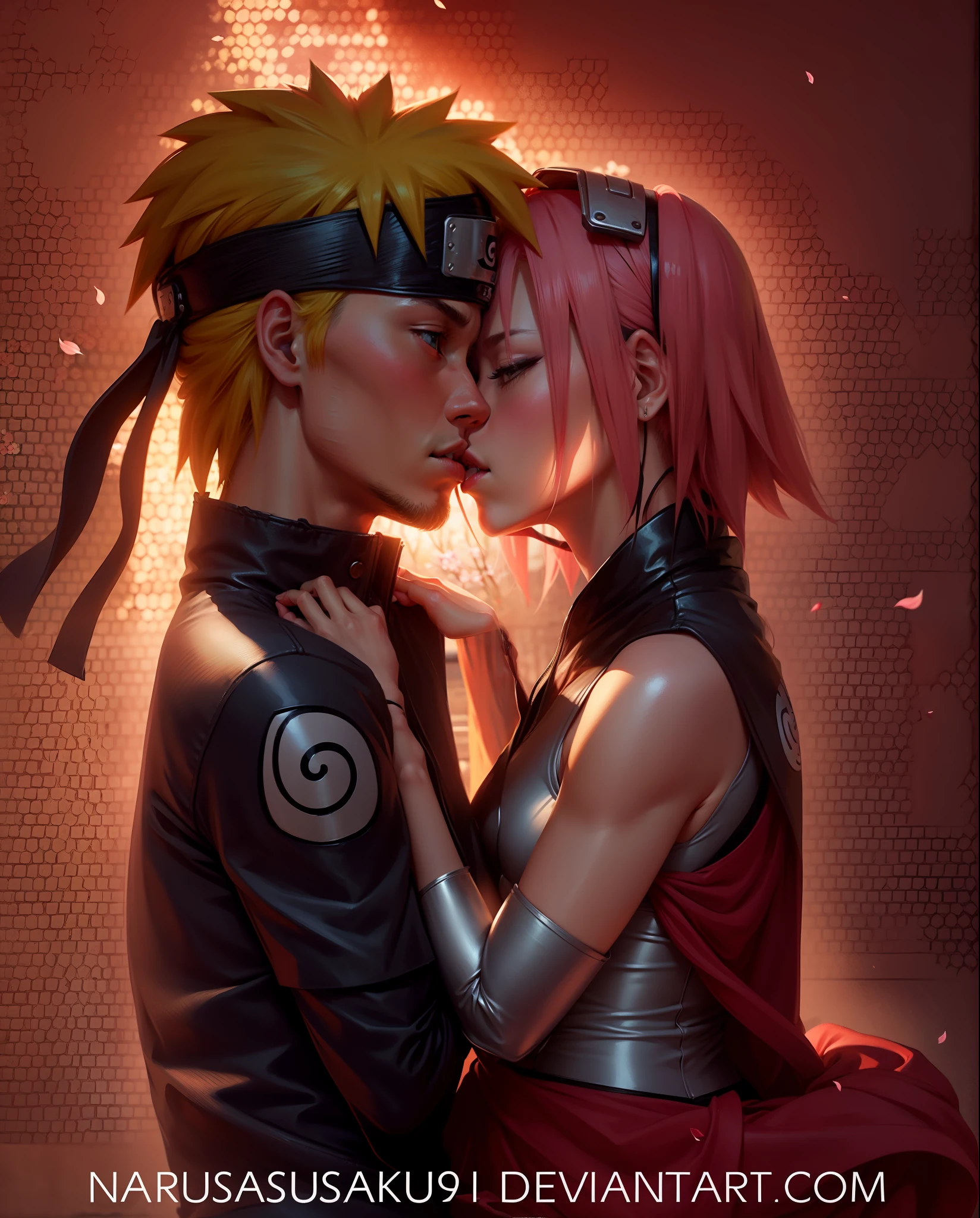 Naruto uzumaki and sakura haruno kiss, most beautiful kiss picture, Cherry blossoms in the background, beautiful body proportions, 8K