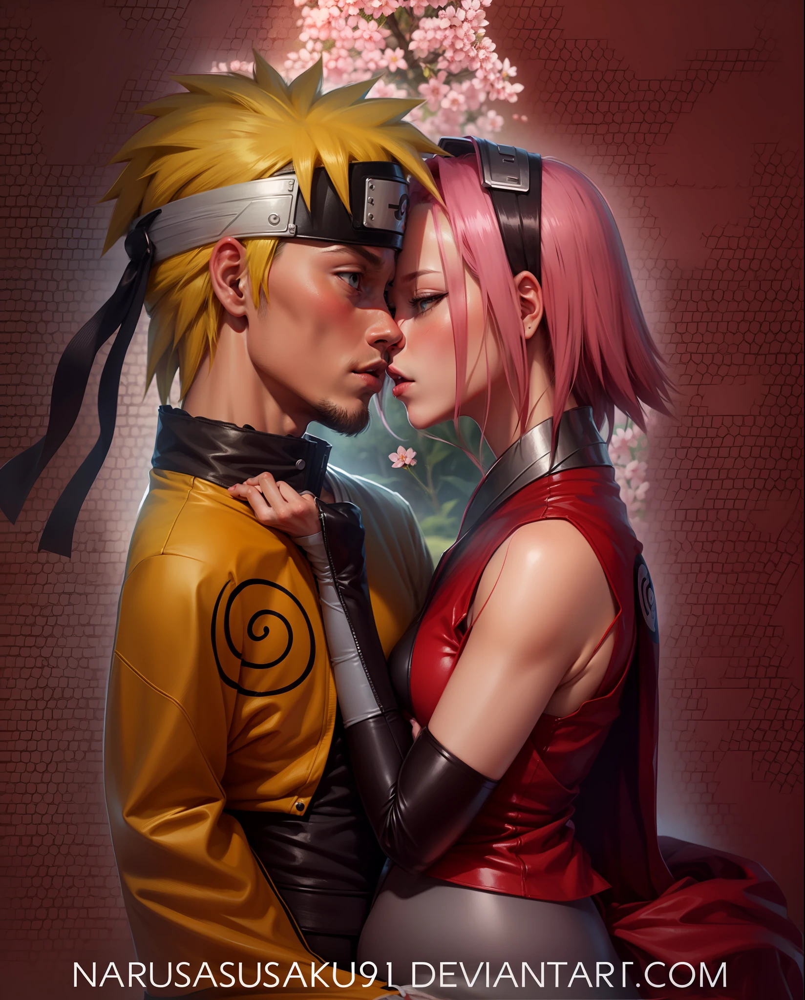 Naruto uzumaki and sakura haruno kiss, most beautiful kiss picture, Cherry blossoms in the background, beautiful body proportions, 8K