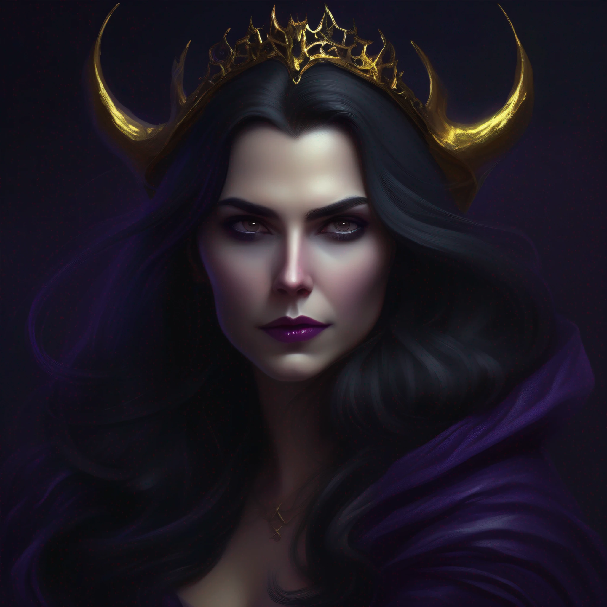 Dark-haired long-haired woman in a dark purple dress with a black shawl, Golden horned tiara, evil look, magic, evil