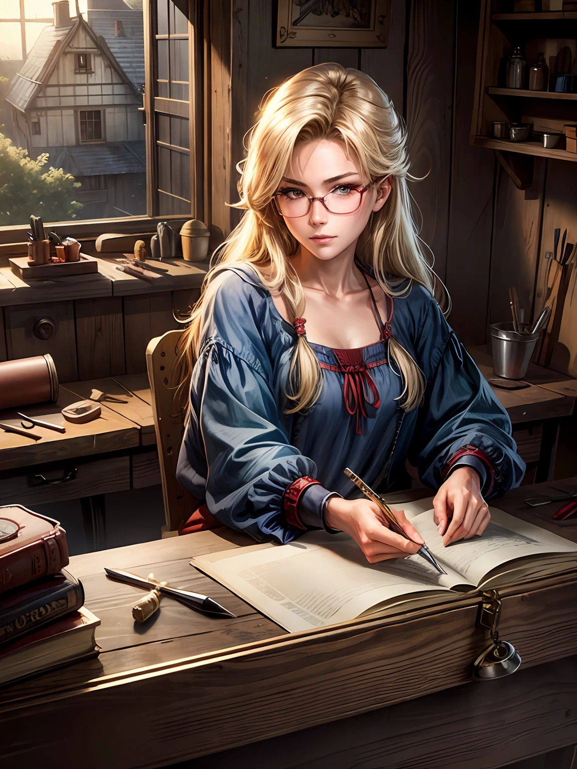 (​masterpiece、top-quality、top-quality、Official art、Beautifully Aesthetic:1.2)、a beauty girl、ue、carpenter、eye glass、a blond、Hair is down、Twin-tailed,、de pele branca、Red Eyes、leaning over Workbench、workshop、Tools, Workbench, Dynamic lighting, illustratio