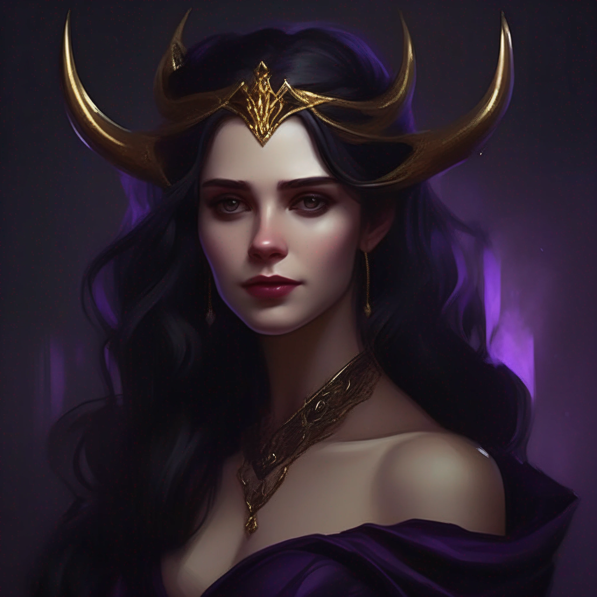 Dark-haired long-haired woman in a dark purple dress with a black shawl, Golden horned tiara, evil look, magic, evil