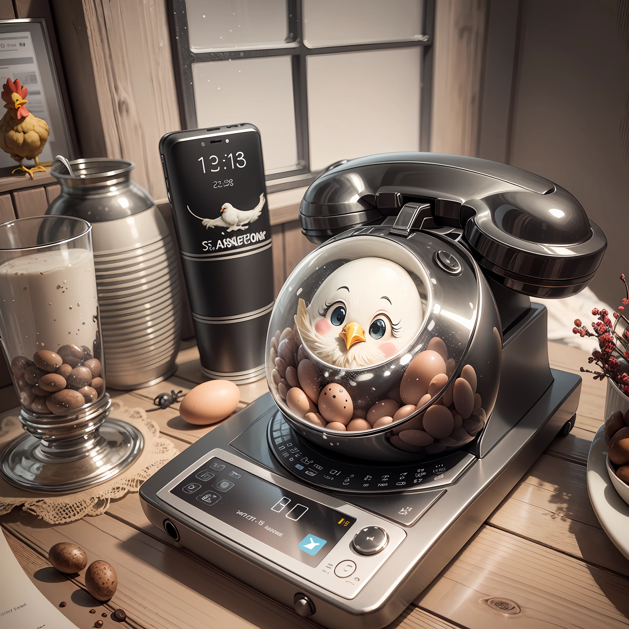 An old model phone is coming out of a chicken egg. The phone is black and white and has a retro look. The egg is light in color and has a thin shell. The phone is sticking out of the egg like it's being hatched. The phone appears to be alive and is looking at the viewer. The phone is smiling and seems to be happy. O telefone parece estar pronto para mudar o mundo. --auto --s2