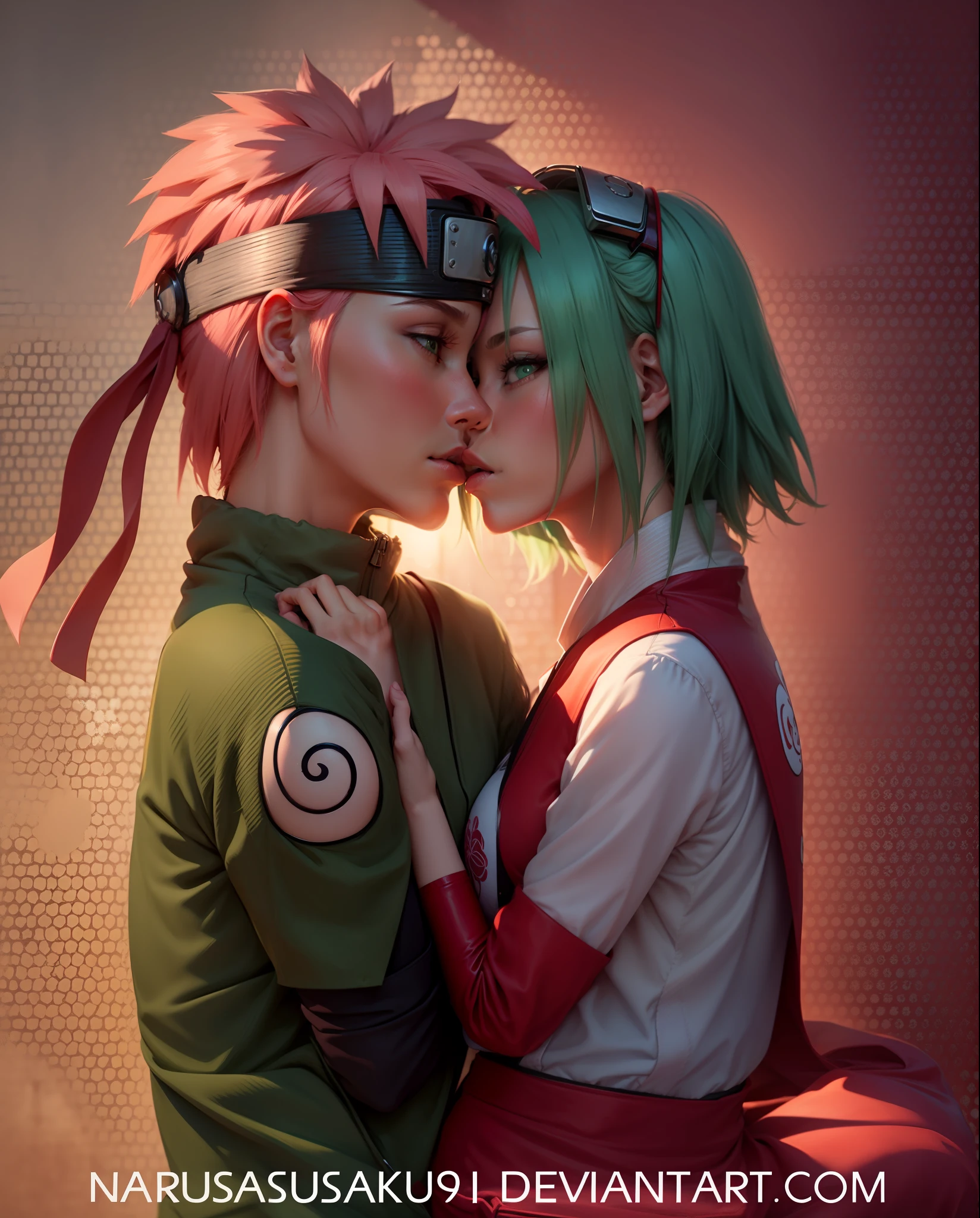 Naruto Uzumaki blonde Haare und blaue Augen und Sakura Haruno rosa haare, green eyes, Kissing, Most beautiful kiss picture, Cherry blossoms in the background, beautiful body proportions, beautiful hands, beautiful feeling , 8K