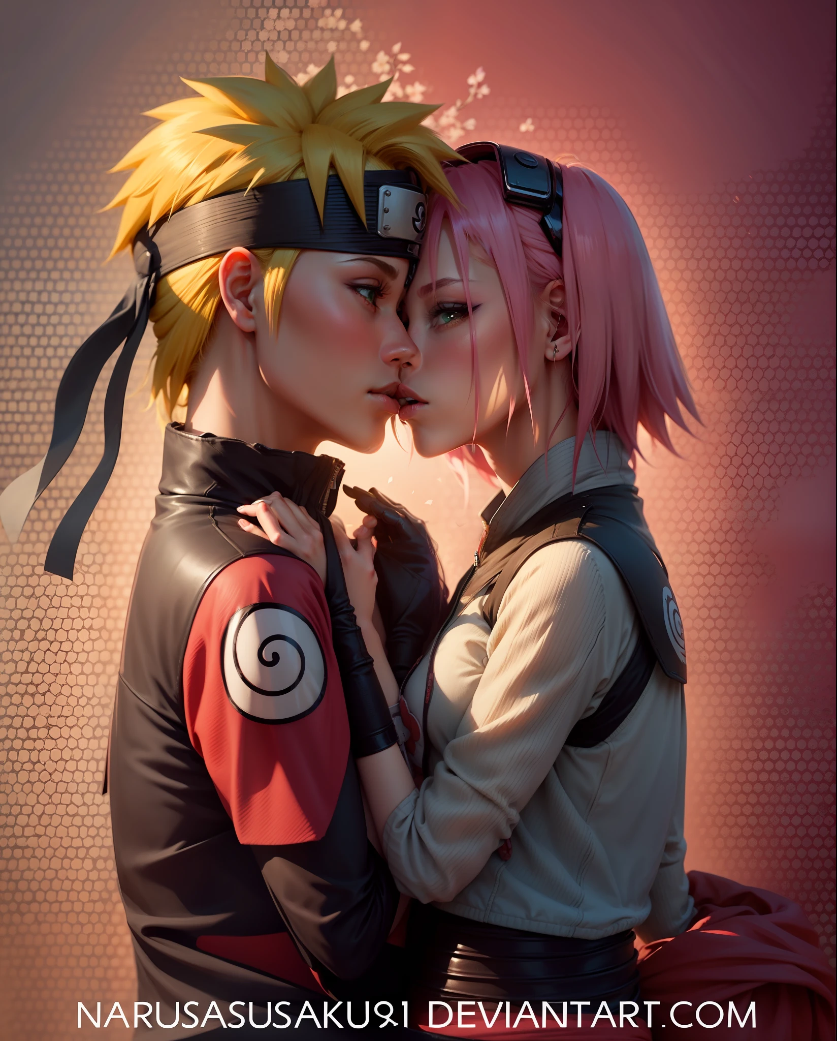 Naruto Uzumaki blonde Haare und blaue Augen und Sakura Haruno rosa haare, green eyes, Kissing, Most beautiful kiss picture, Cherry blossoms in the background, beautiful body proportions, beautiful hands, beautiful feeling , 8K