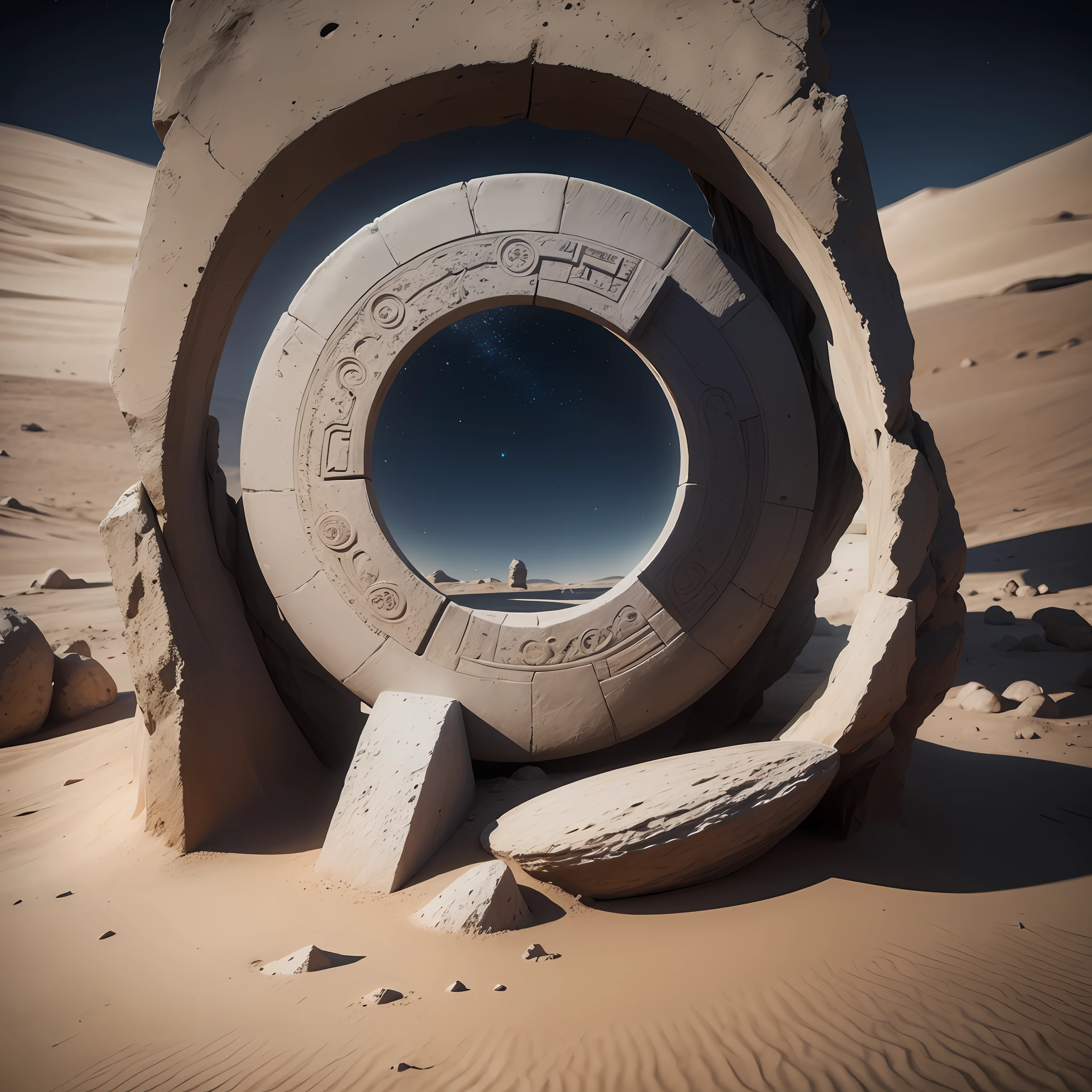 Circular stargate made of stone, adornado com raios, fixed to the surface of the moon. ultra detalhado, Cinematic Realistic --auto
