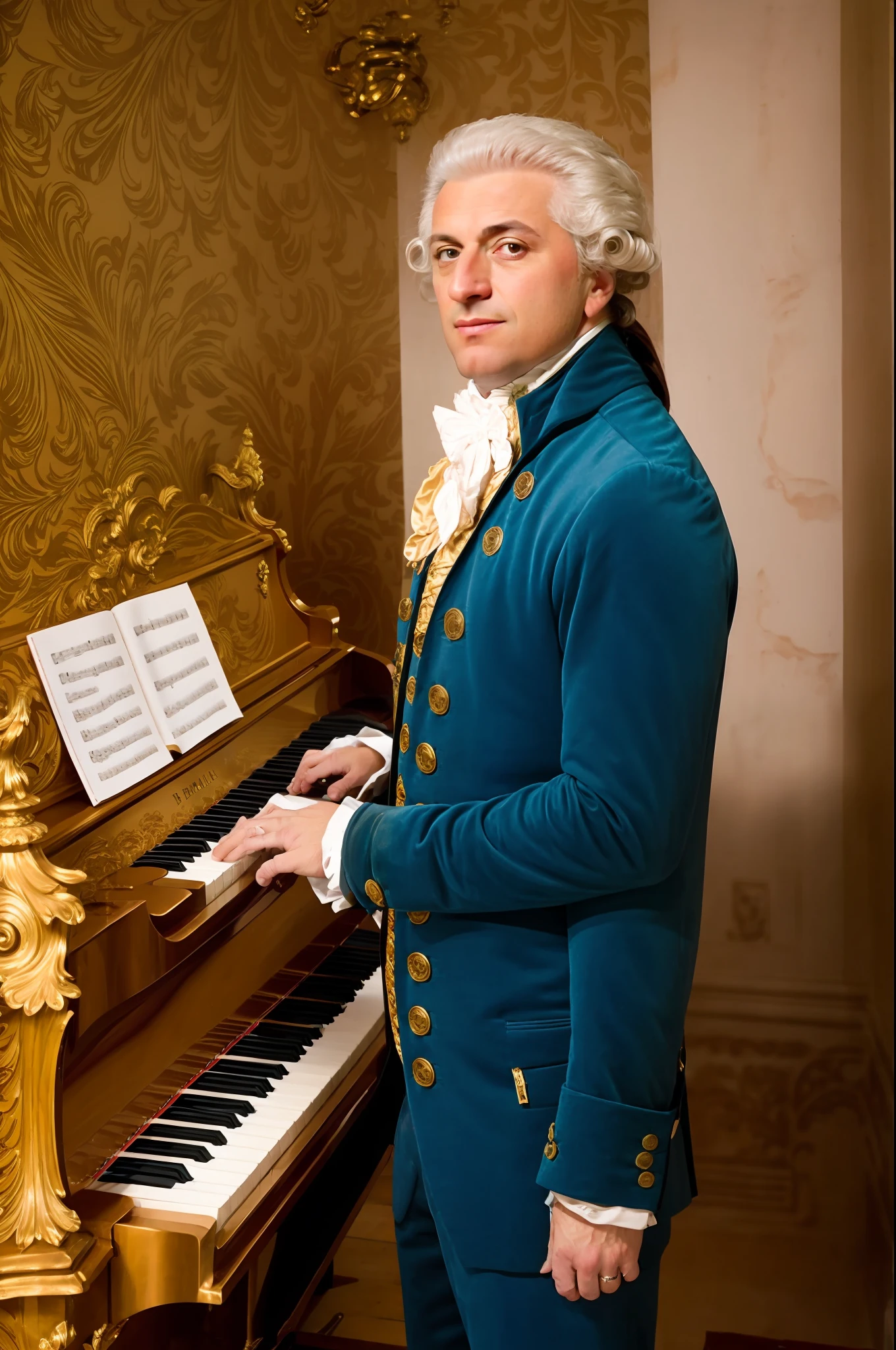 uma foto detalhada realista de um homem amadeus, (tocando um piano), rosto detalhado, (olhos perfeitos), (pele altamente detalhada: 1.1), corpo magro, vestindo roupas pretas e douradas 1775, (texturas detalhadas), modelshoot, fotografia profissional, soft-lighting, fotorrealista, realista, In a luxurious palace room background, fundo desfocado, , RAW,, foco nítido, 8k, alta resolução, DSLR, alta qualidade, Fujifilm XT3,  grain of film, premiado