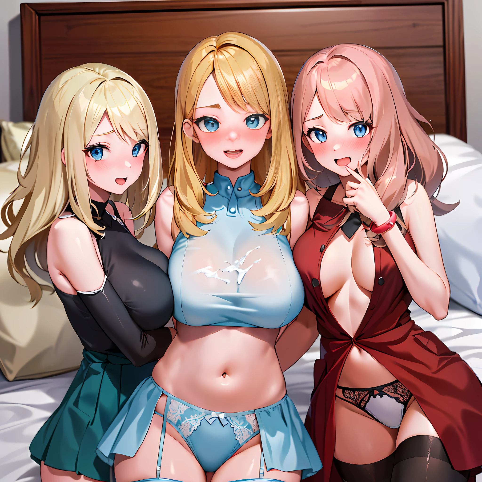 masterpiece, best quality, highres, blue eyes, mother, daughter ,serena \(pokemon\), 2girl, long hair,jewelry, bracelet,((( white thighhighs, beautiful face, beautiful thighs, wearing cute lingerie:1.5 )) , blonde hair, cowboy shot, narrow waist, open belly,open mouth ( beautiful bedroom,on bed,), (((cum on body
))),(( looking at viewer, ,on two fours:1,))),( seducing smile,blushing face, blush shoulder),(upper body,), large breast, big boob,(((sfw:1))), mother is 26 year-old, daughter is 15 year-old,