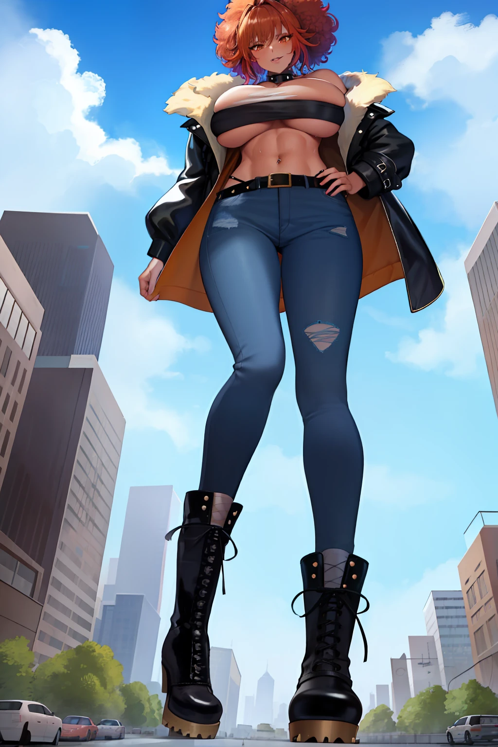 Bare shoulders,punk,tube top,studded belt,large breast,sugar momma,fur coat,coat resting on shoulders,leather jeans,goth boots,armored boots,toned,sweaty, gradient hair,milf,fish nets,GtsGiga,cityscape,Gtscity,orange eyes,chocker,looking down at viewer,low angle,from below,full body,walking,towards highway,towering over clouds,muscular,best quality,masterpiece,stepping over,Rampage,multicolored hair,red hair,thick thighs,curvy,dark skin,dark skinned female,intense size difference,orange hair,Stepping,bigger than the city,asymmetrical hair,platformed boots,Afro