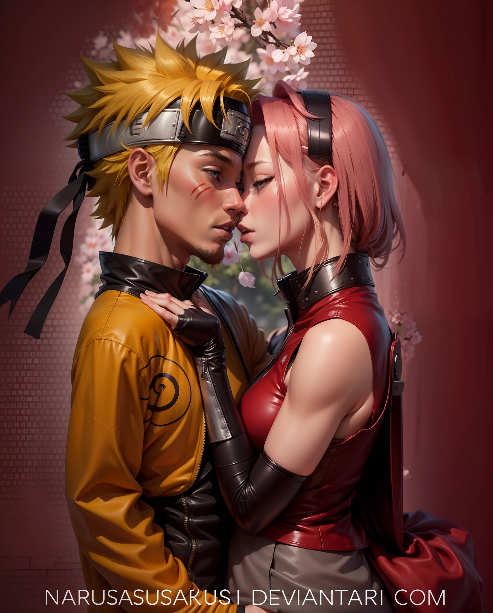 Naruto Uzumaki 3 stripes on his face and Sakura Haruno kiss, Most beautiful kiss picture, Cherry blossoms in the background, beautiful body proportions, beautiful hands, Beautiful Nose, blonde haare, 8K