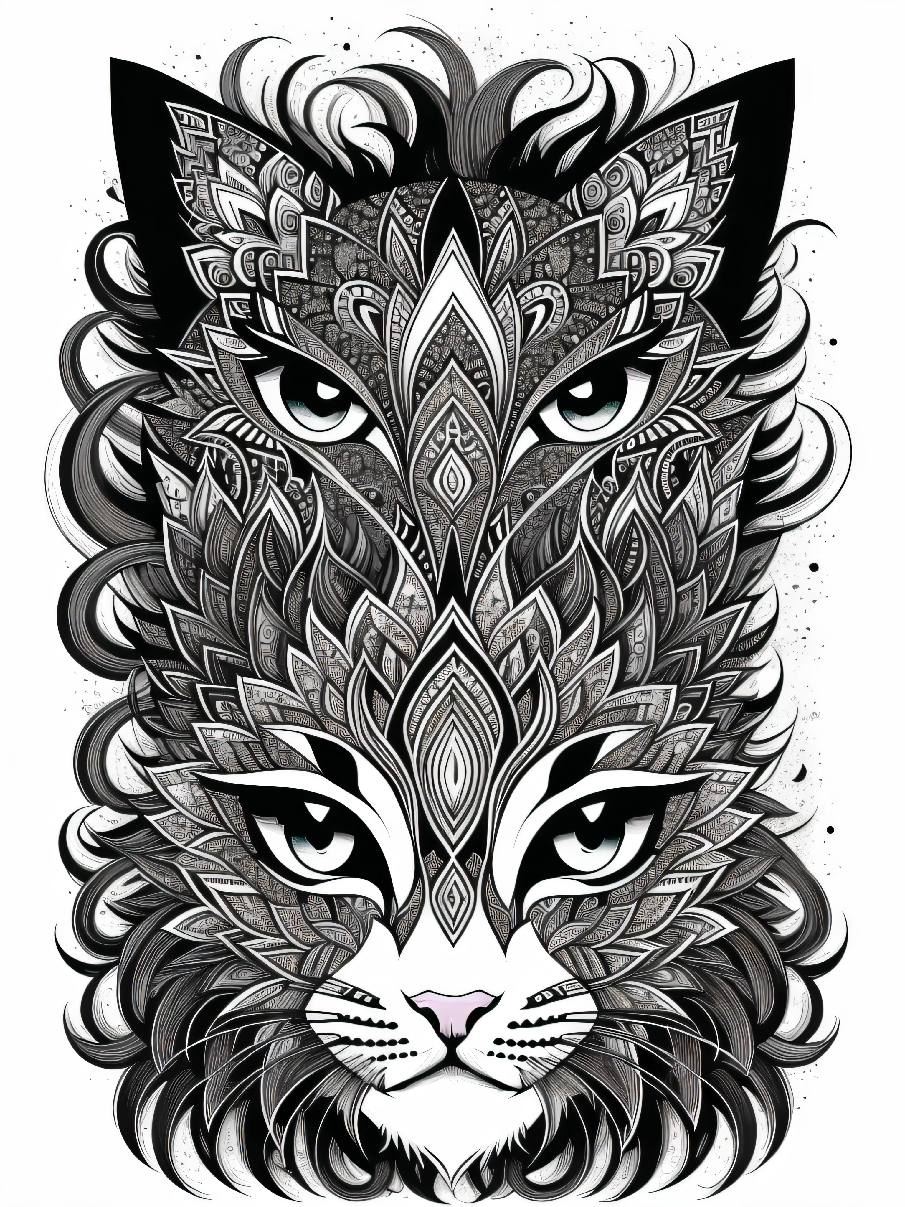 livro para colorir, Livro para colorir para adultos, Linhas conectadas, simetria, a head cat, virado para a frente, preto e branco, trabalho de linha grossa, Great standards, negative space, thick pattern, sem fundo preto, Cute forest pattern background, nenhuma parte colorida de preto, efeito mandalas, mandalas, arte de linha fina de tinta estilizada, vetor, Adobe Illustrator, ..eps, nada colorido African pattern.