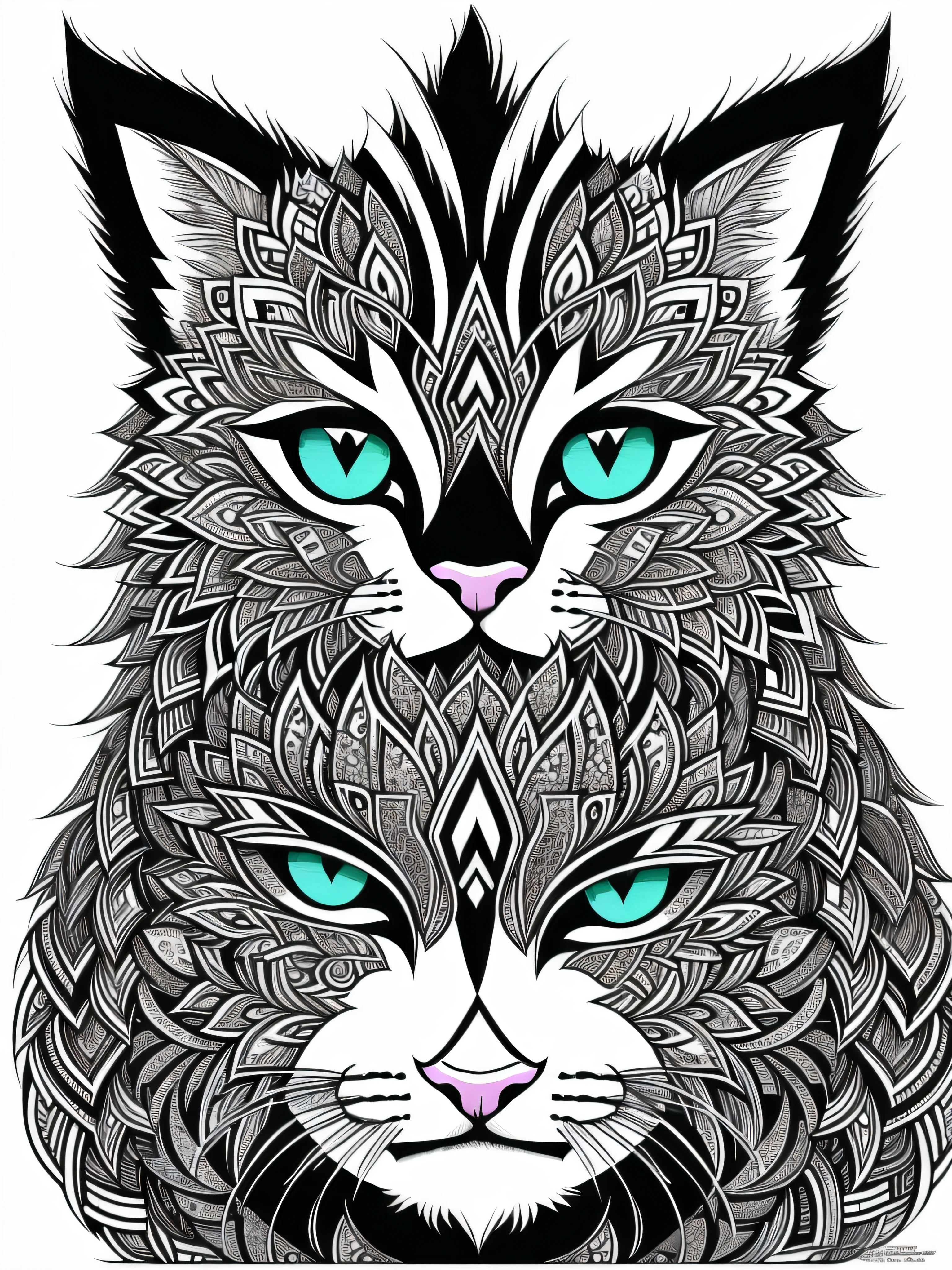 livro para colorir, Livro para colorir para adultos, Linhas conectadas, simetria, a head cat, virado para a frente, preto e branco, trabalho de linha grossa, Great standards, negative space, thick pattern, sem fundo preto, Cute forest pattern background, nenhuma parte colorida de preto, efeito mandalas, mandalas, arte de linha fina de tinta estilizada, vetor, Adobe Illustrator, ..eps, nada colorido African pattern.