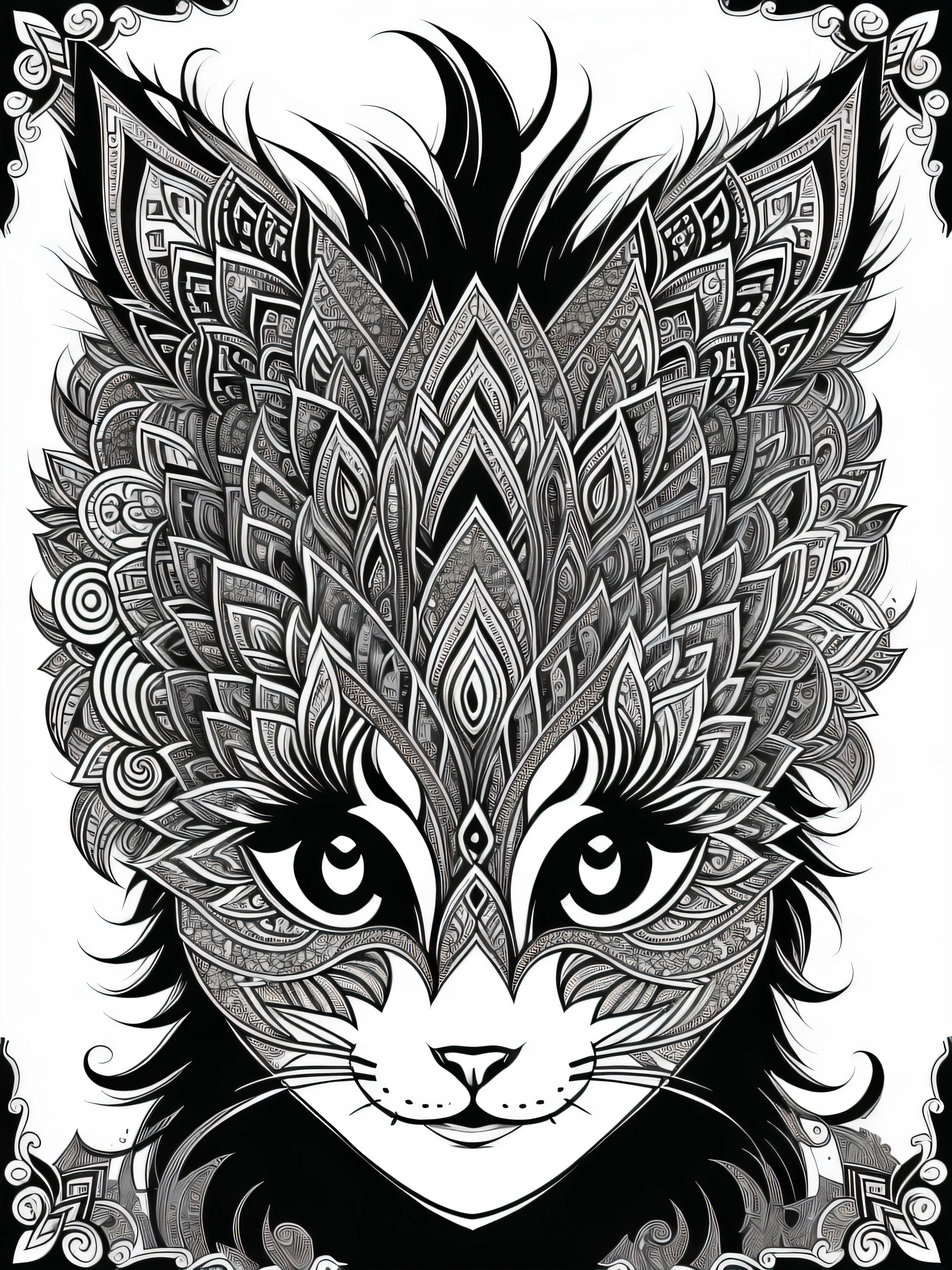 livro para colorir, Livro para colorir para adultos, Linhas conectadas, simetria, a head cat, virado para a frente, preto e branco, trabalho de linha grossa, Great standards, negative space, thick pattern, sem fundo preto, Cute forest pattern background, nenhuma parte colorida de preto, efeito mandalas, mandalas, arte de linha fina de tinta estilizada, vetor, Adobe Illustrator, ..eps, nada colorido African pattern.